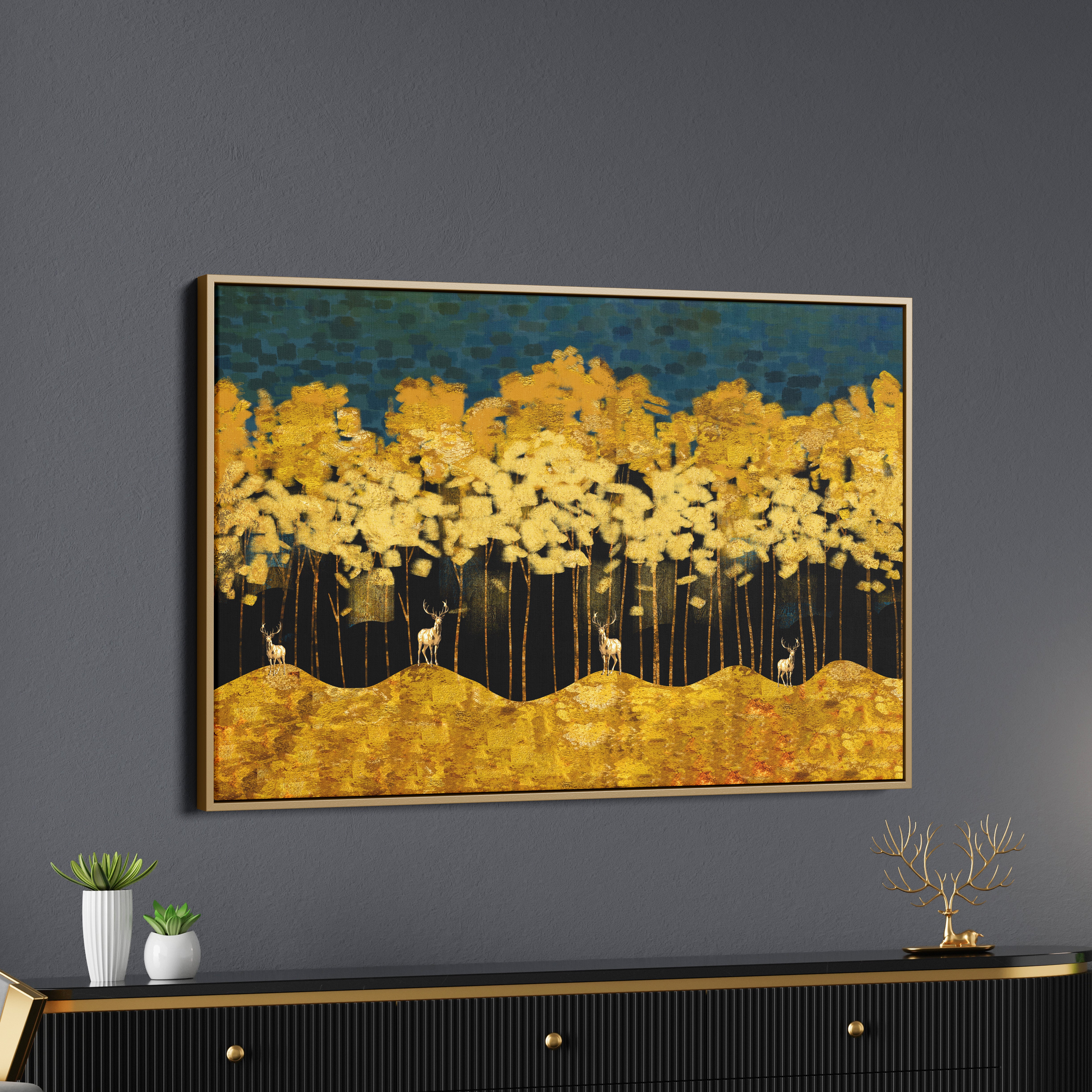 Golden Forest and Deer Canvas Wall Painting