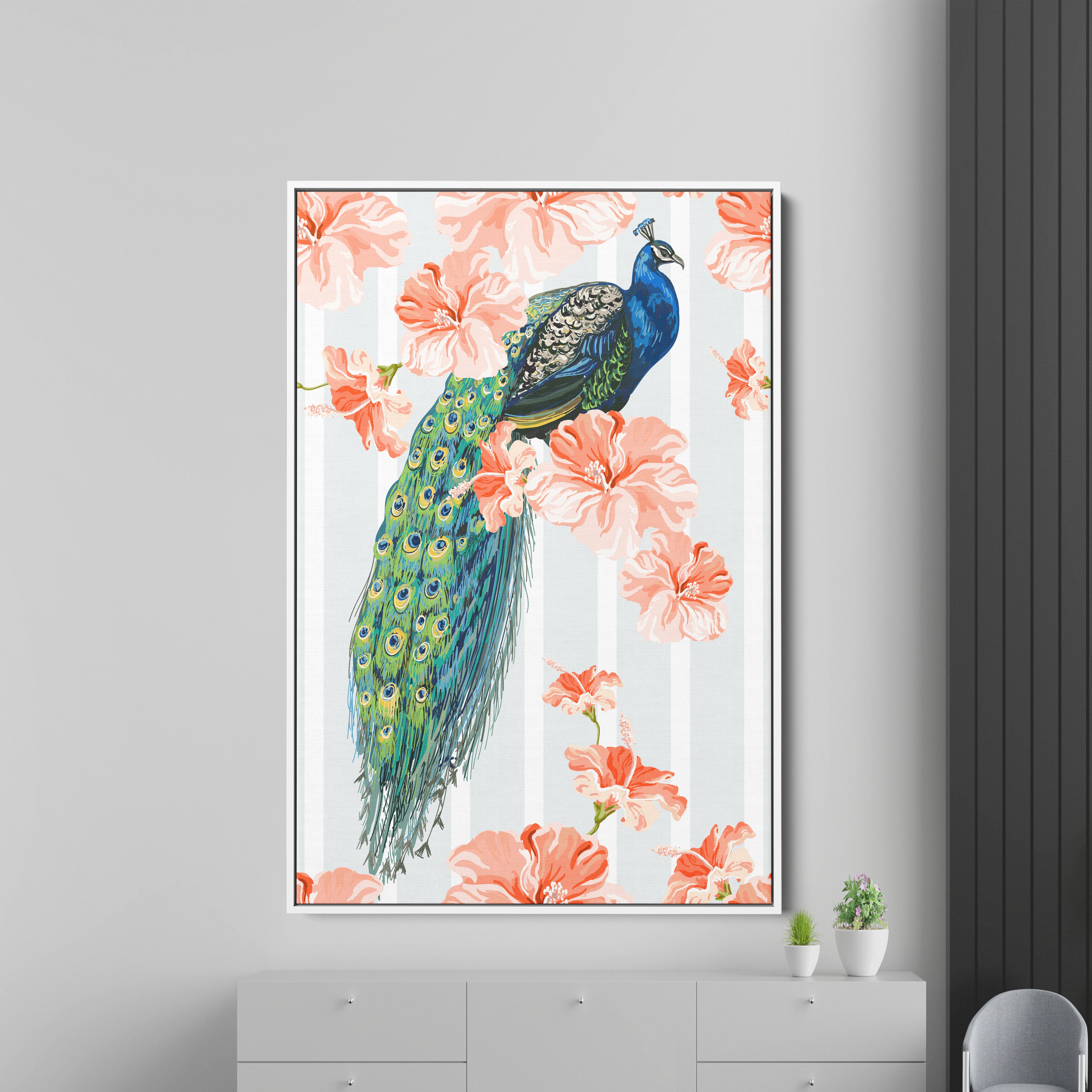 Beautiful Flower With Peacock Canvas Wall Painting