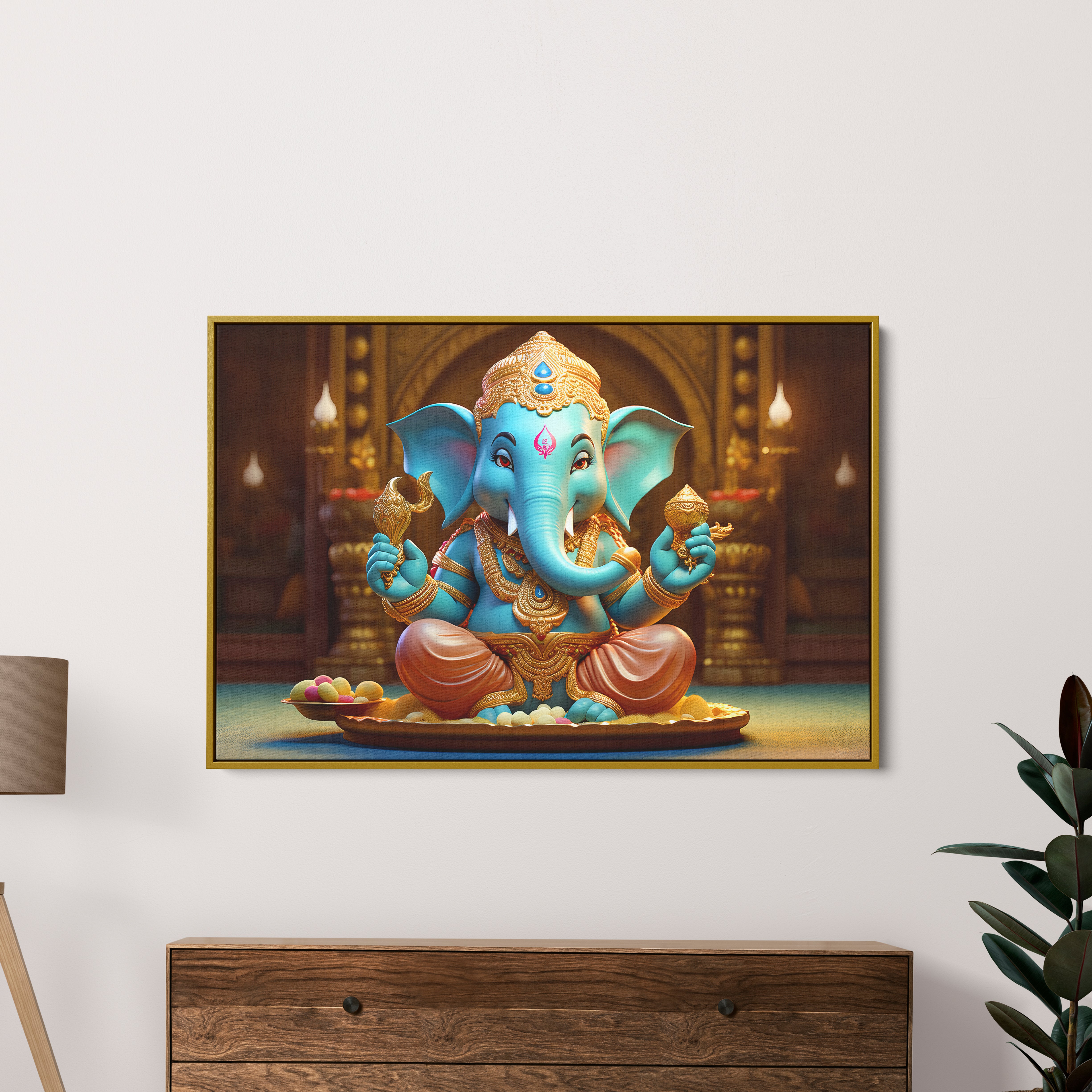Lord Ganesha Holding Shell Canvas Wall Painting