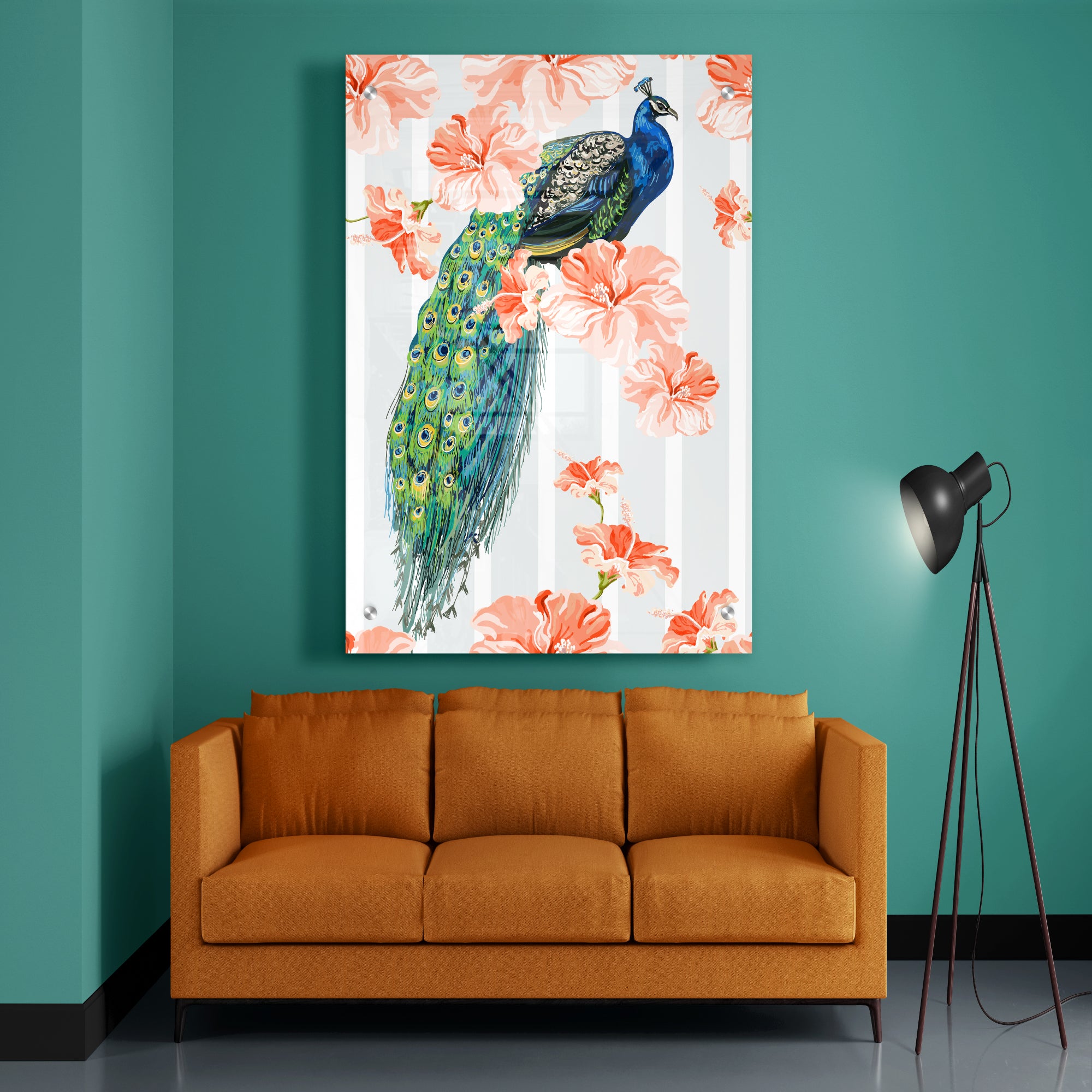 Beautiful Flower With Peacock Acrylic Wall Painting