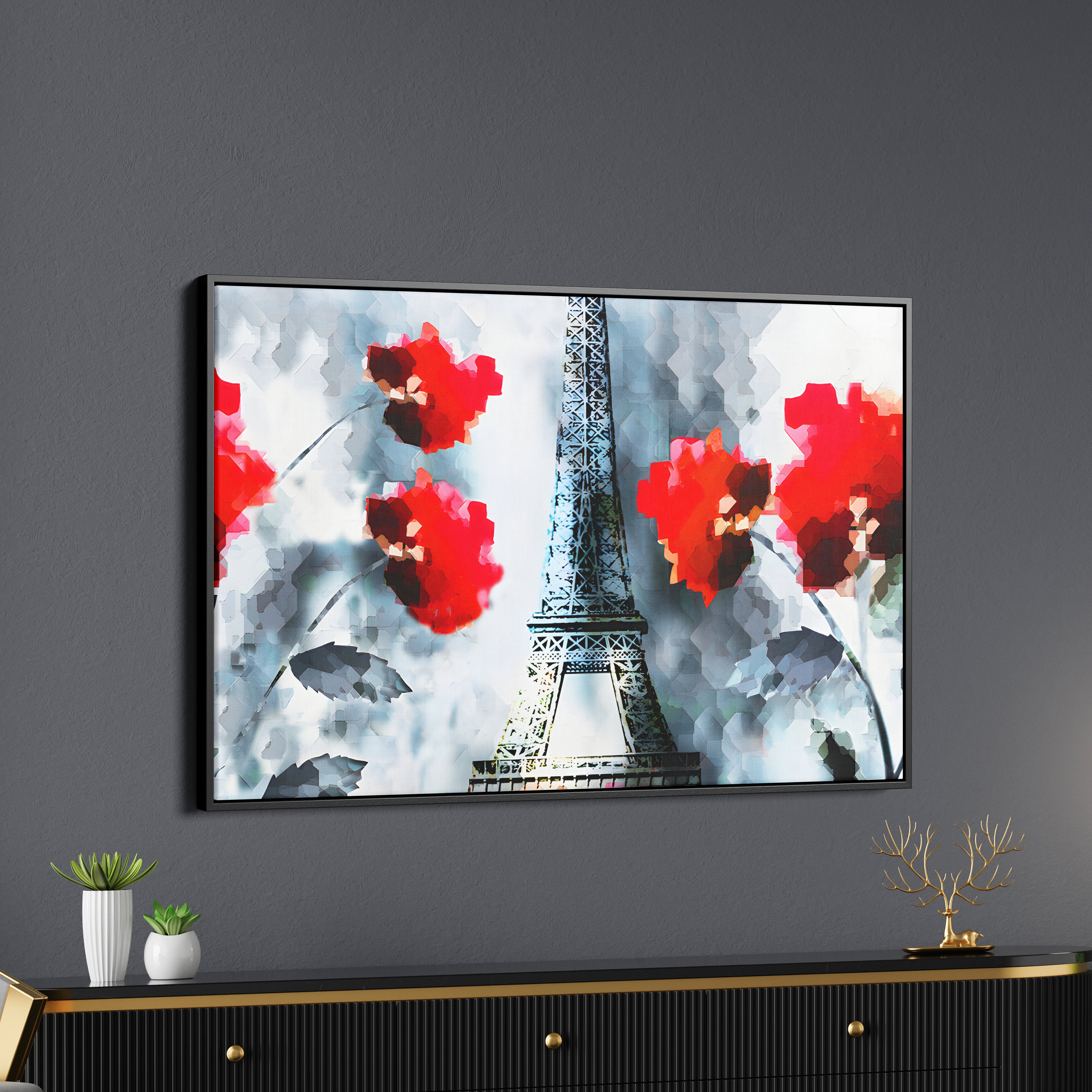 Modern Abstract Art Eiffel Tower And Flowers Wall Painting