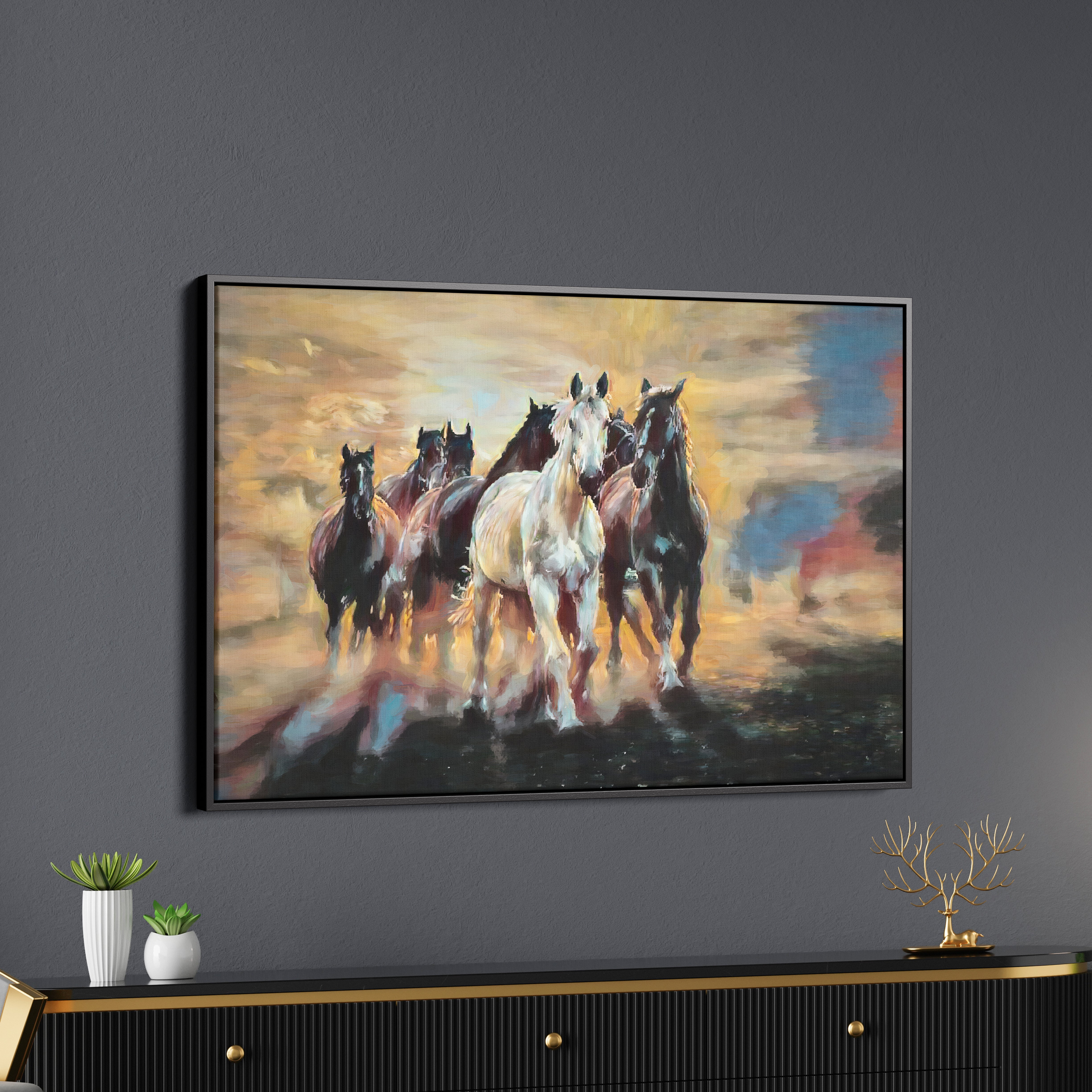 Seven Running Horses Abstract Canvas Wall Painting