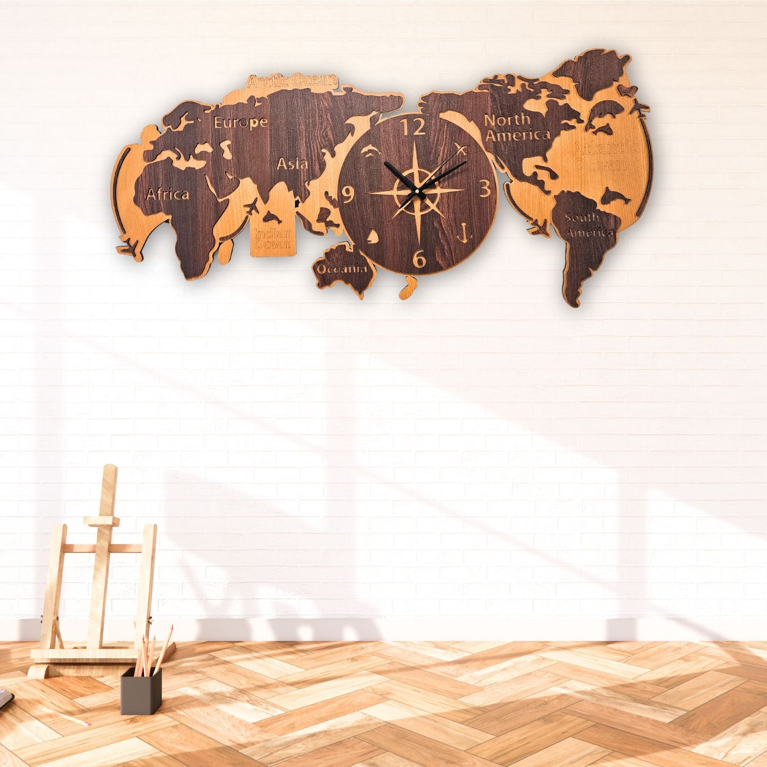 World Map Modern Art Double Layer Wooden Wall Clock