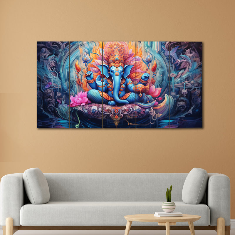 Colouful Lord Ganesha In 5 Panel Painting