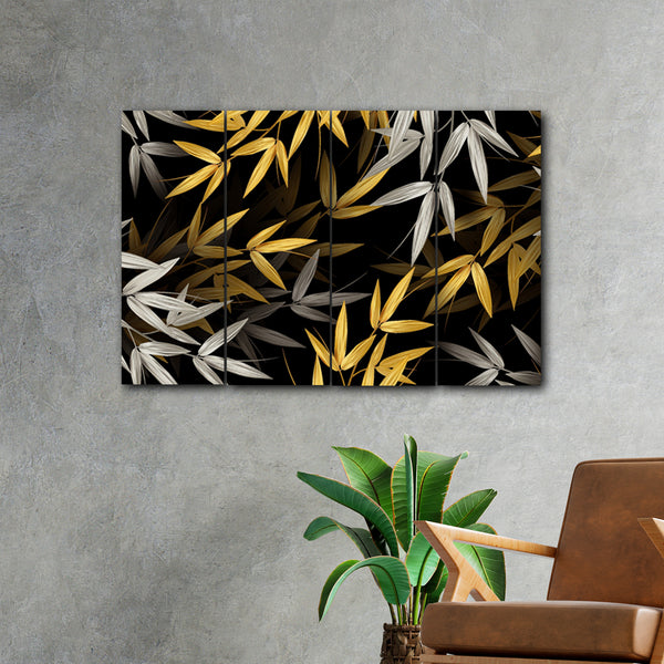 Realistic Golden Bamboo Leaves In 4 Panel Painting
