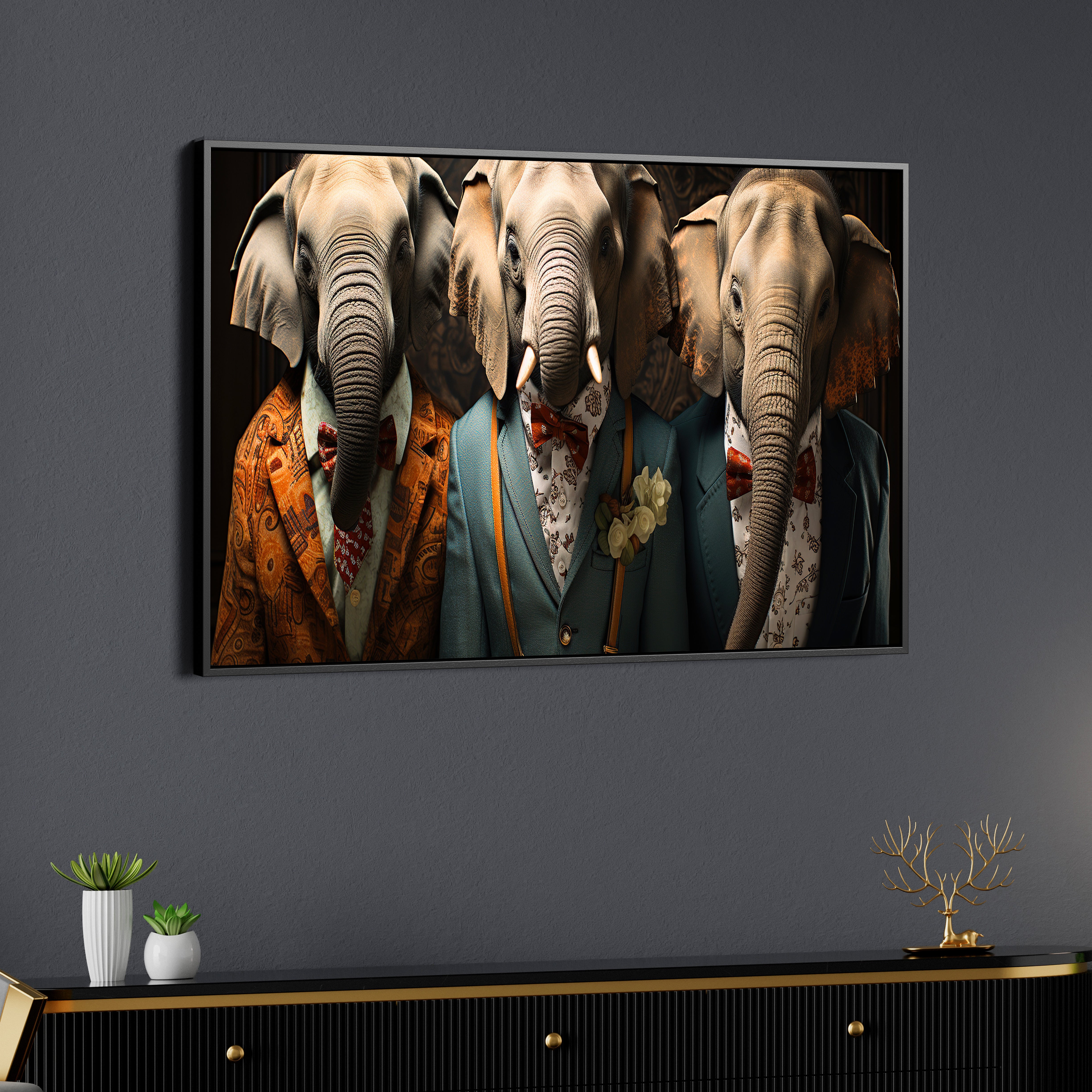 Three Elephants In Suit Canvas Wall Painting