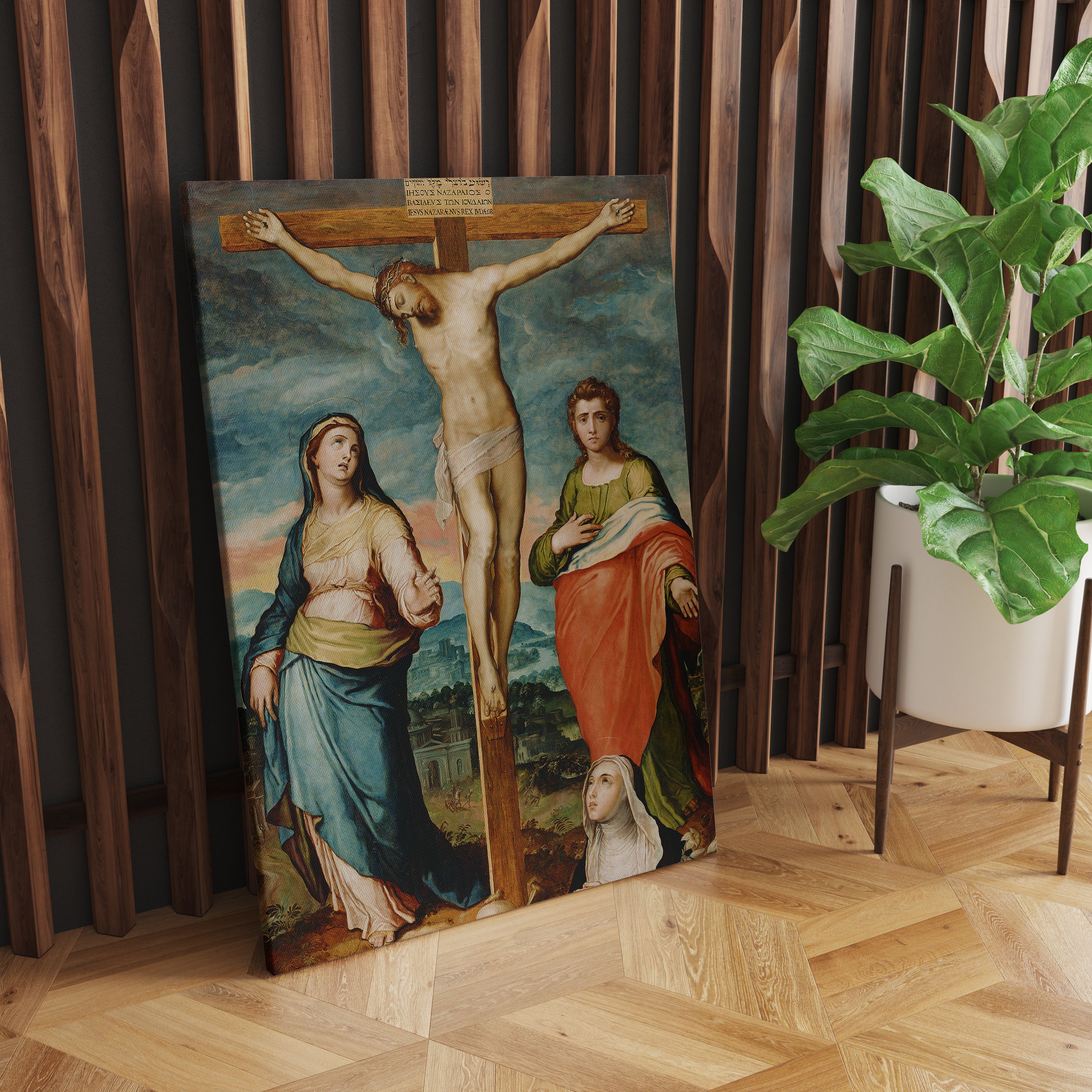 Christ on the Cross with Saints Mary Canvas Wall Painting
