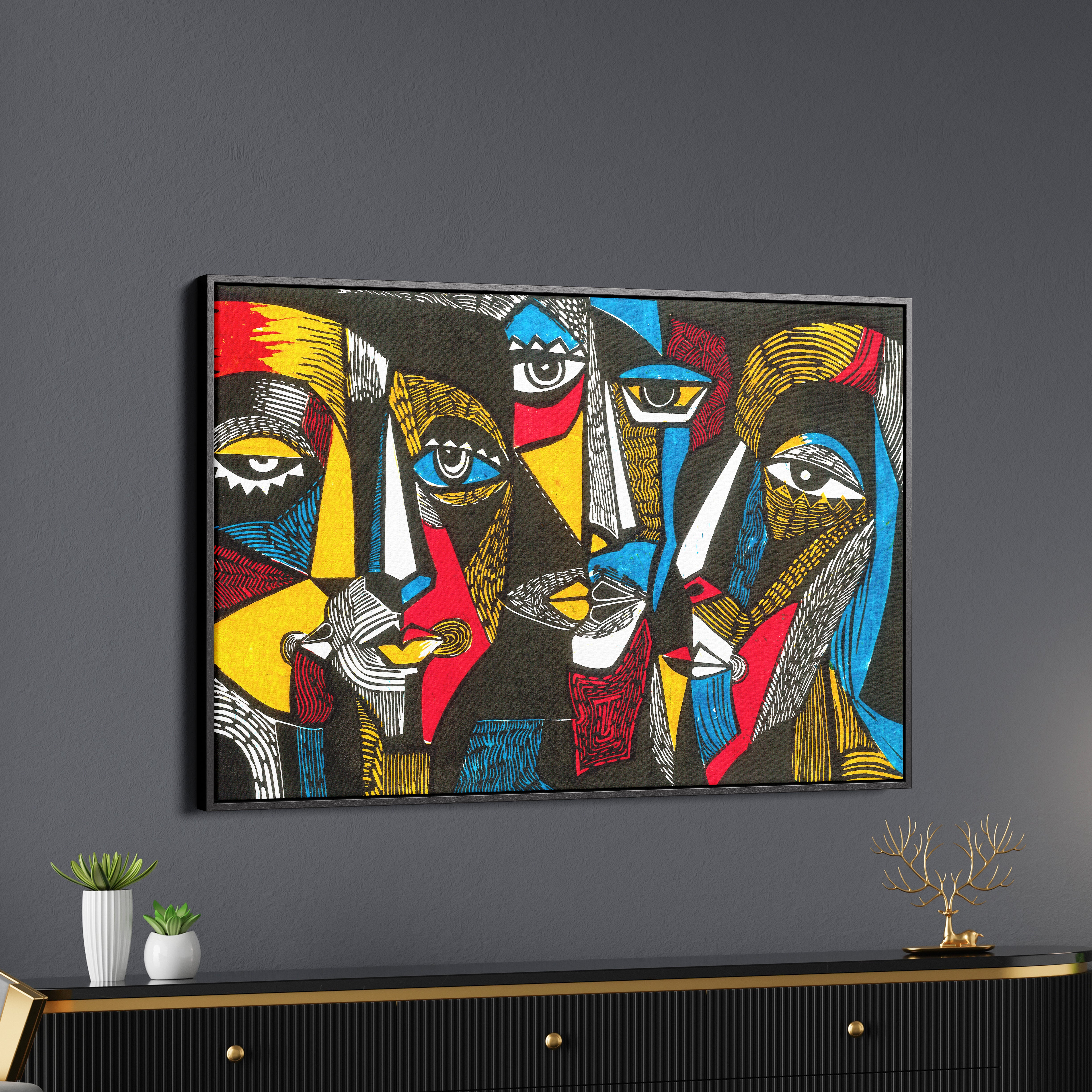 Abstract Linocut Faces Canvas Wall Painting