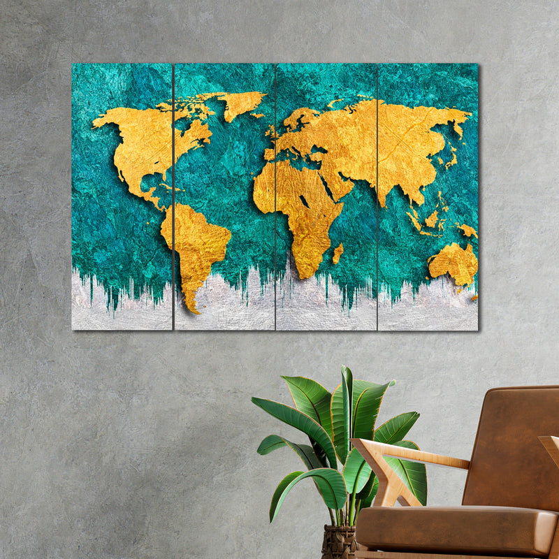 Golden World Map In 4 Panel Painting