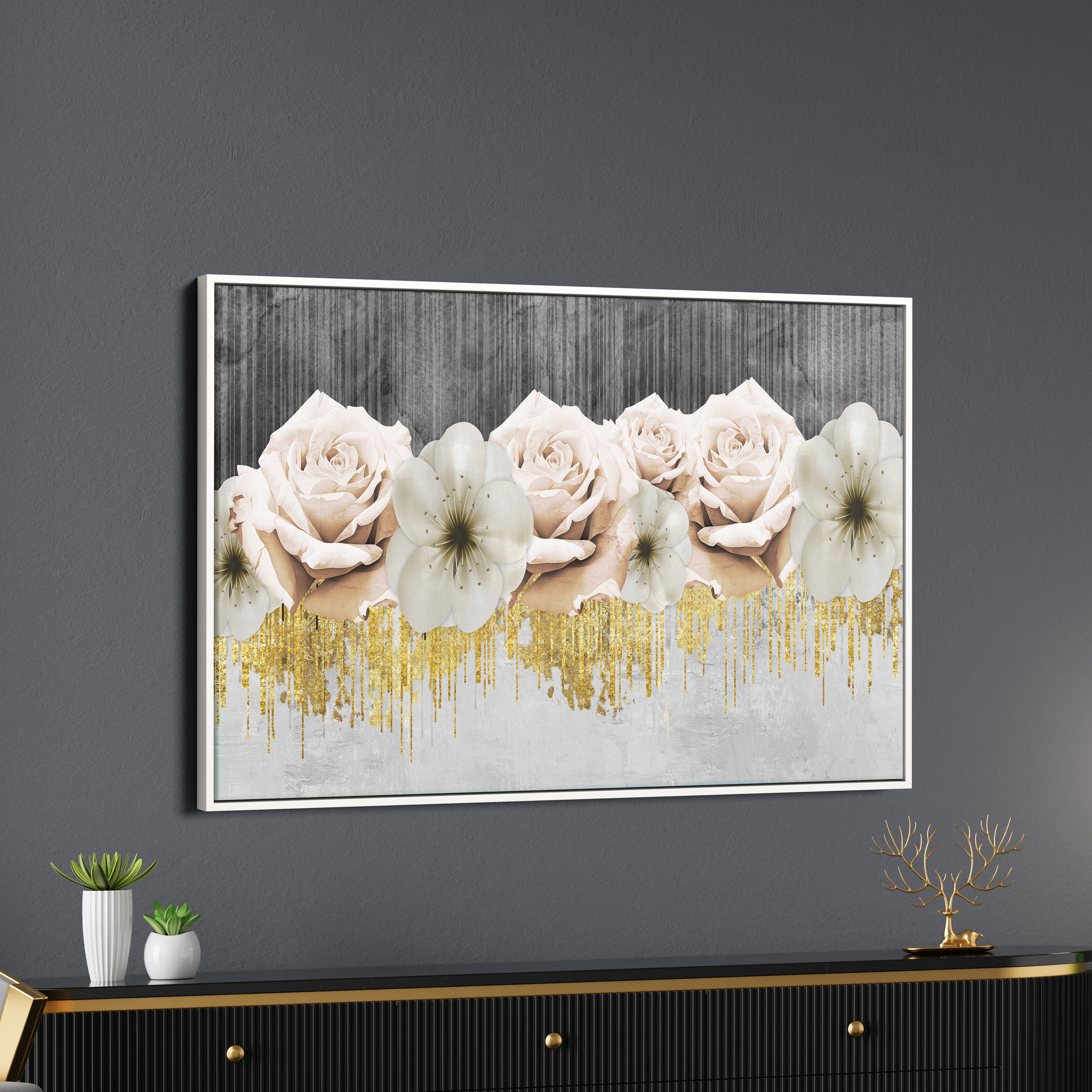 Abstract White Rose Flower Gold Paint Modern Art Canvas Wall Painting