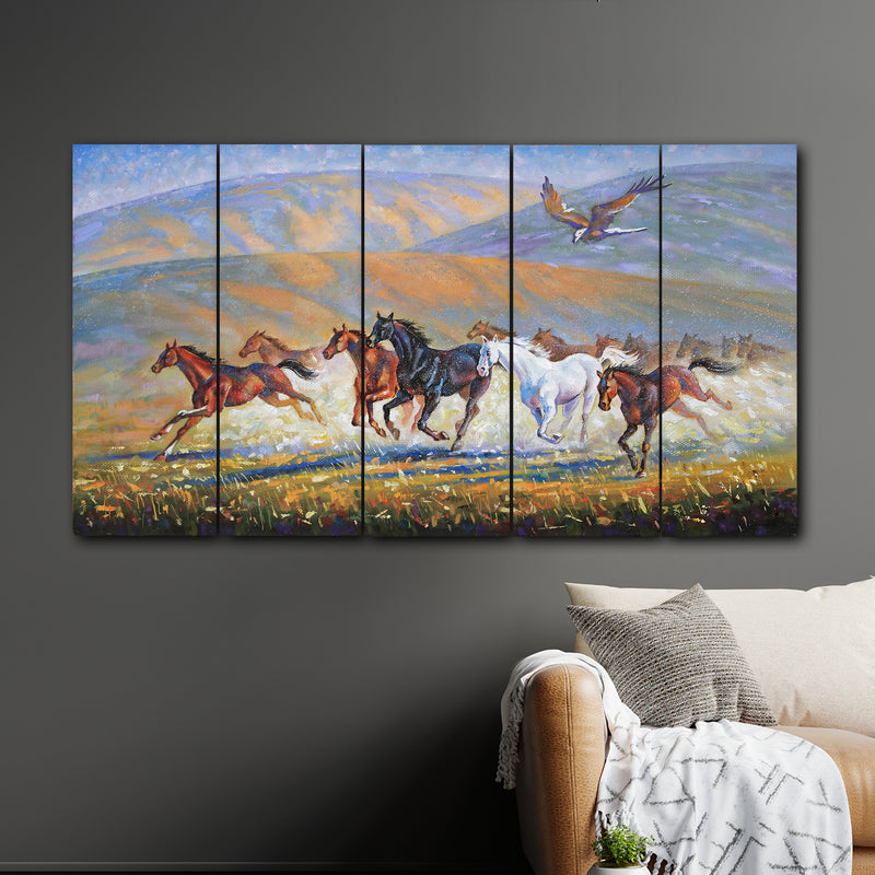 Runing Horses And Eagle In 5 Panel Painting