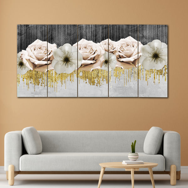 3D Gold White flowers Art In 5 Panel Painting
