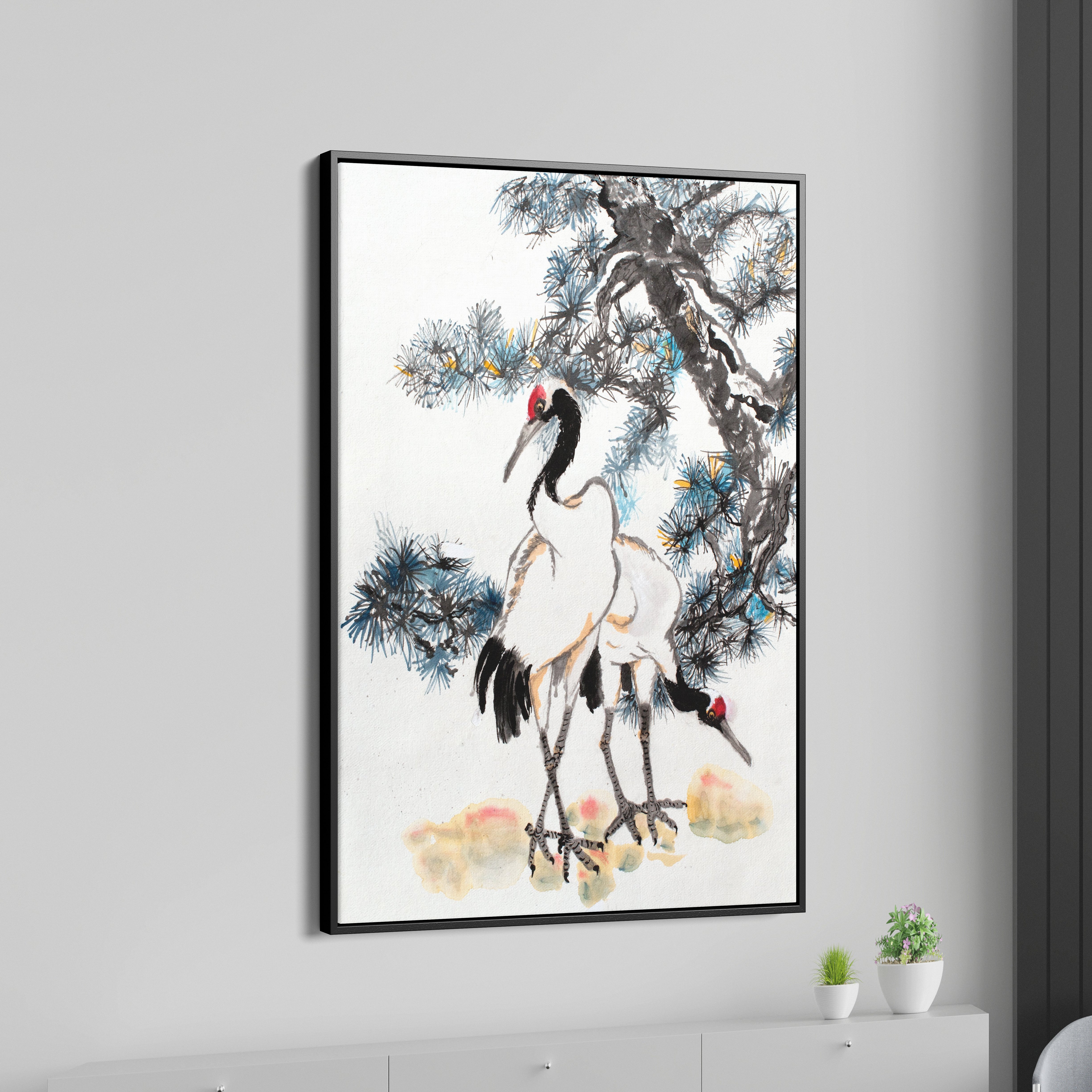 Cranes In Front Of Pine Tree Canvas Wall Painting