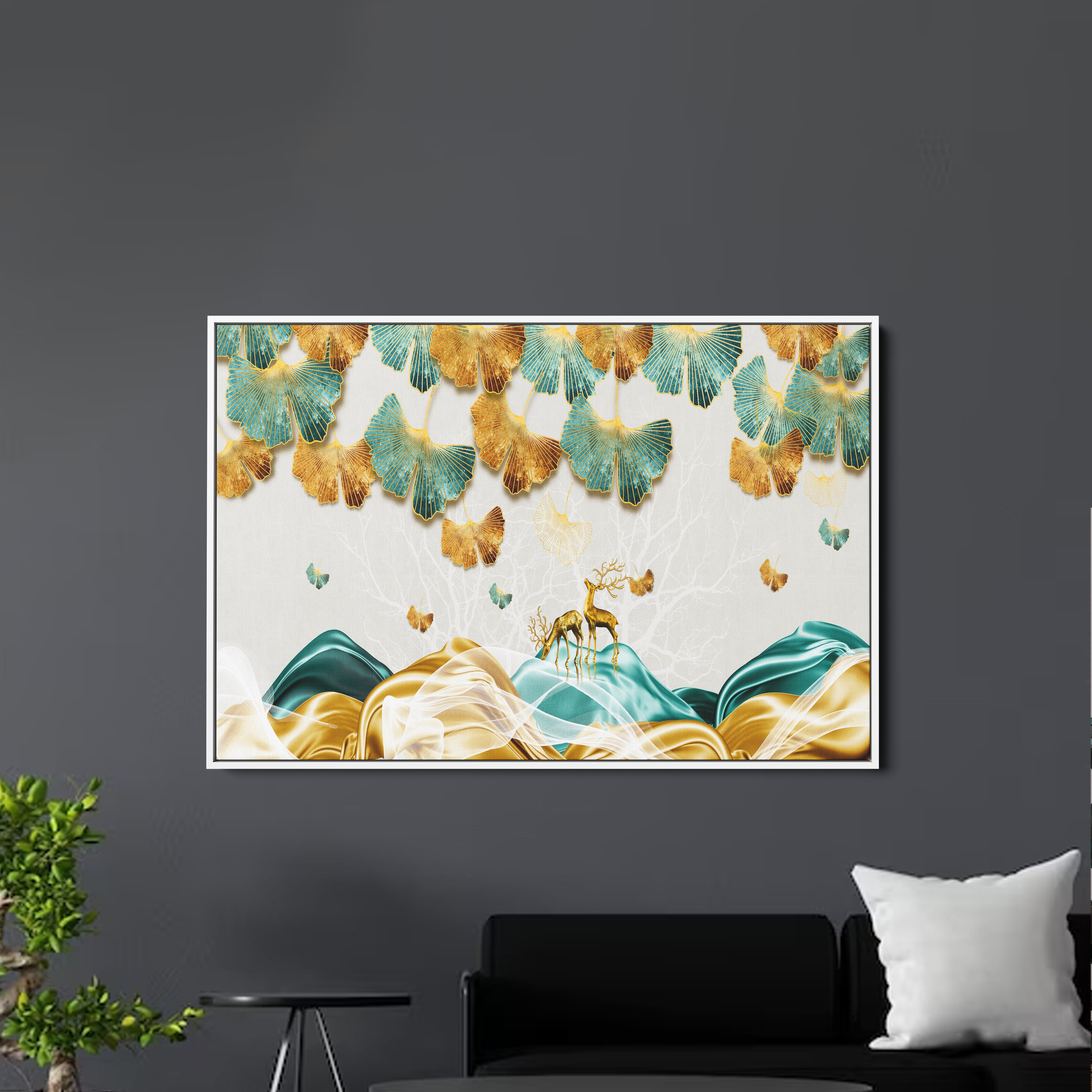 Golden Leaf And Deer Luxurious Abstract Art Canvas Wall Painting