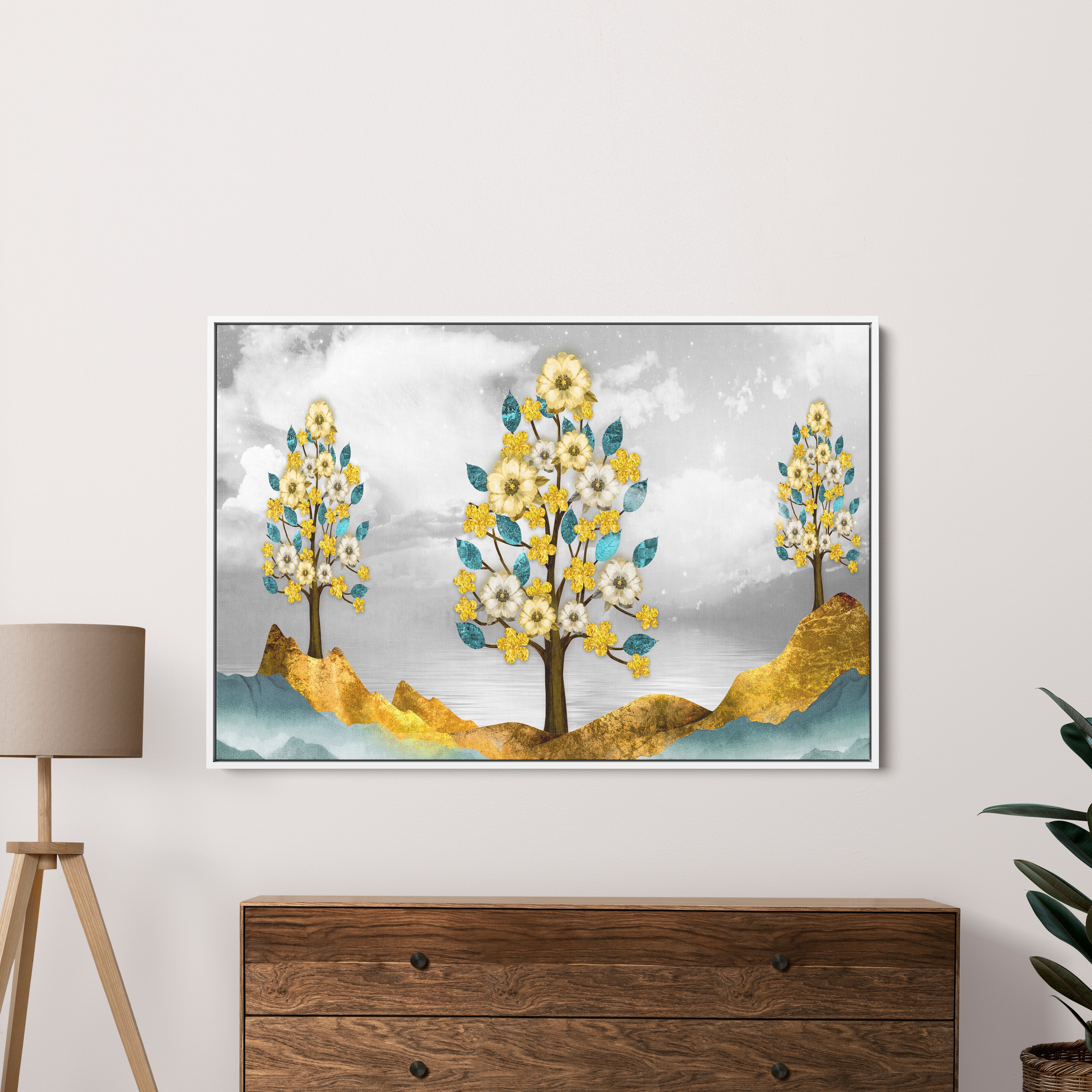 Beautiful Golden Flowers and Turquoise Mountains Canvas Wall Painting