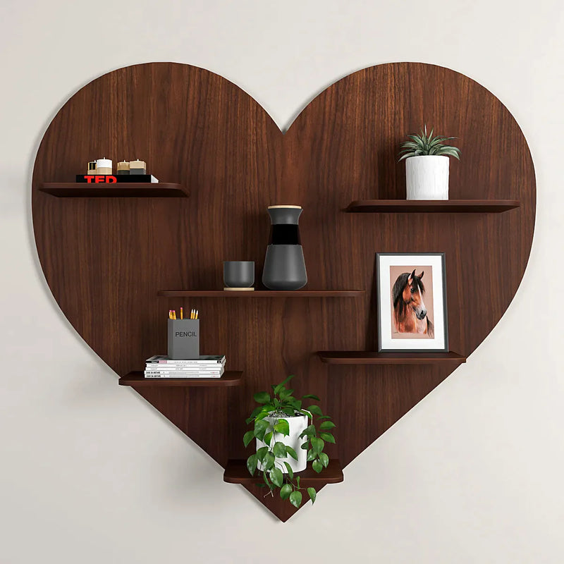 Heart Backlit Wood Wall Shelf / Book Shelf, Walnut Finish