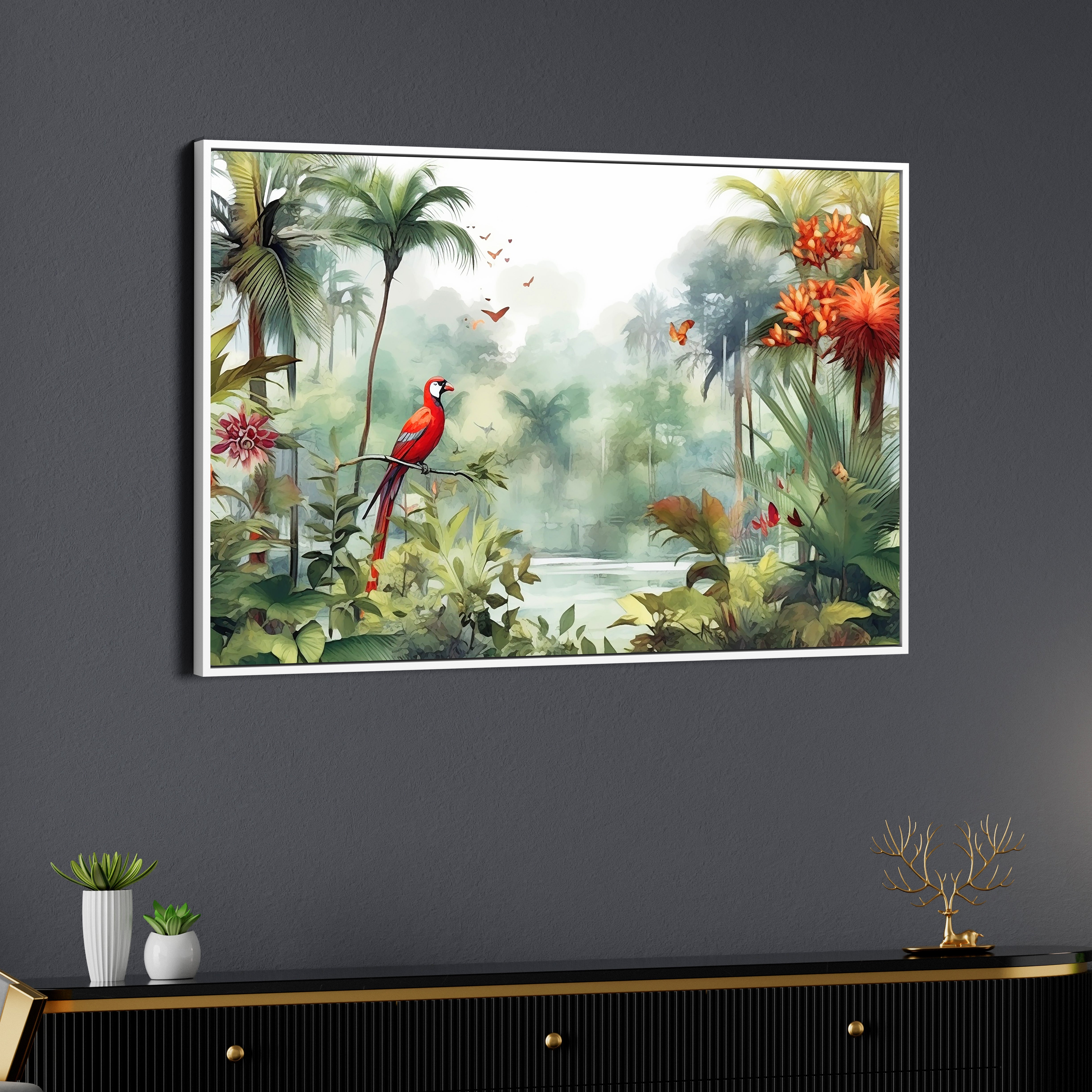 Red Birds and Jungle View Abstract Art Canvas Wall Painting