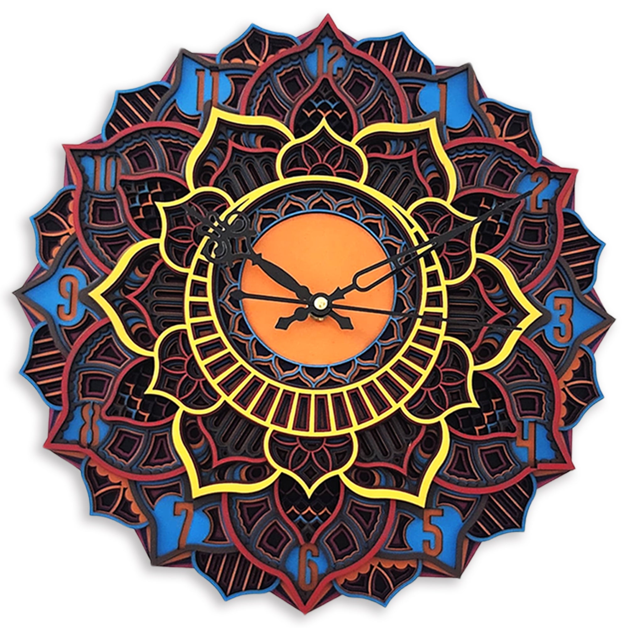 3D Floral Multicolor Mandala Clock Wooden Multilayer Round Shape Wall Clock