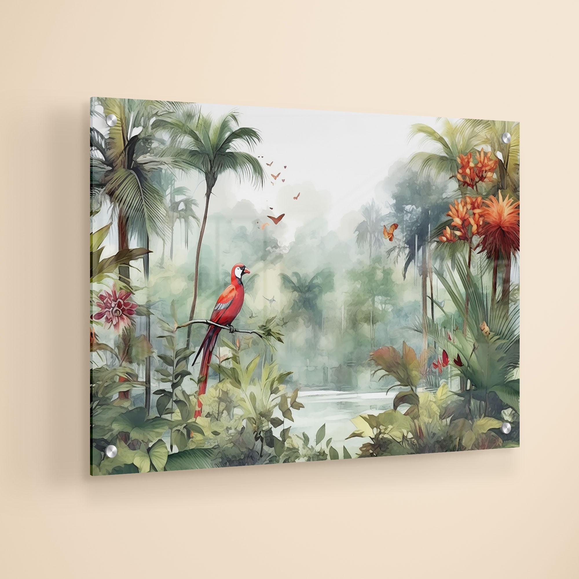Red Birds and Jungle View Abstract Art Acrylic Wall Painting