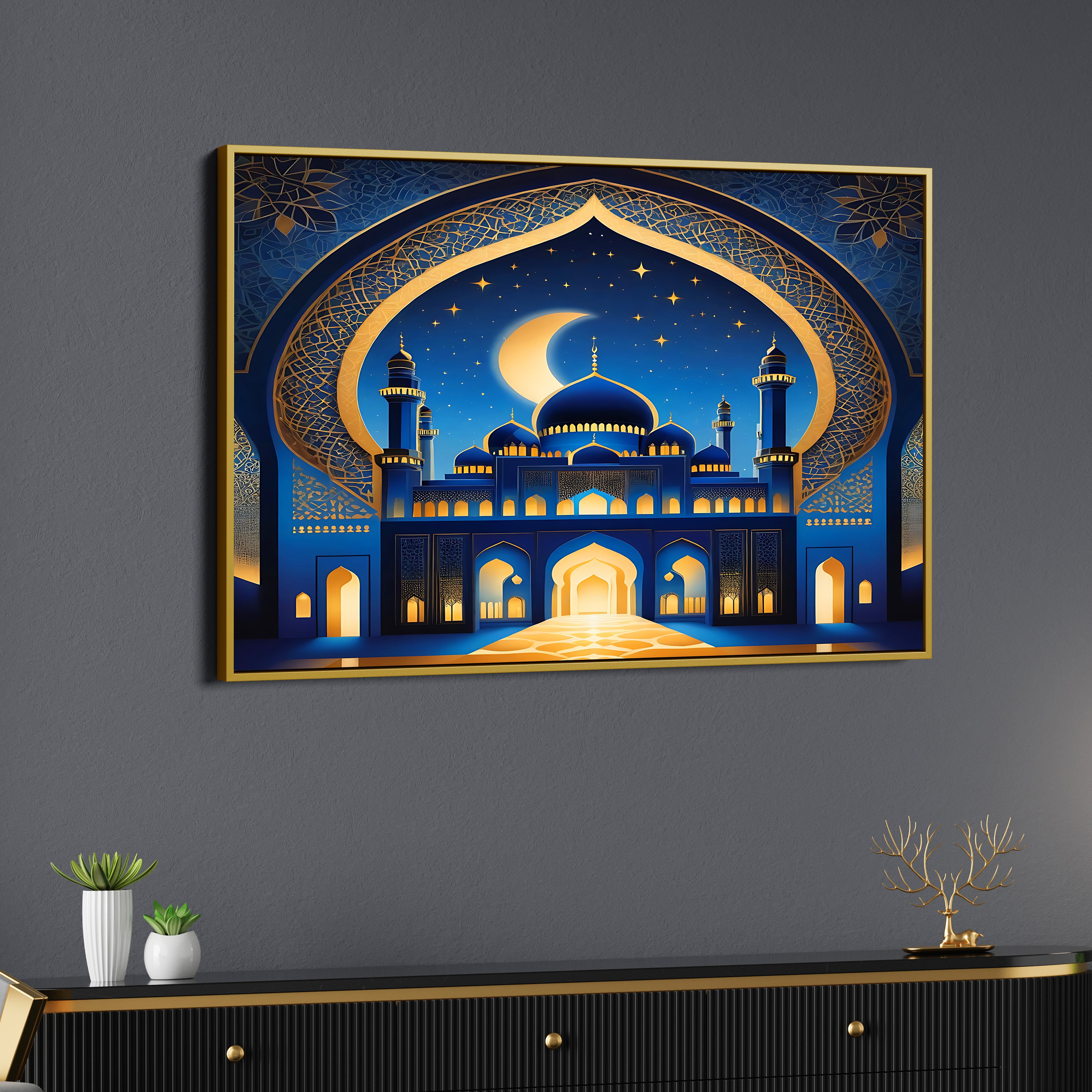 Islamic Golden Mosque With Eid Moon Canvas Wall Painting