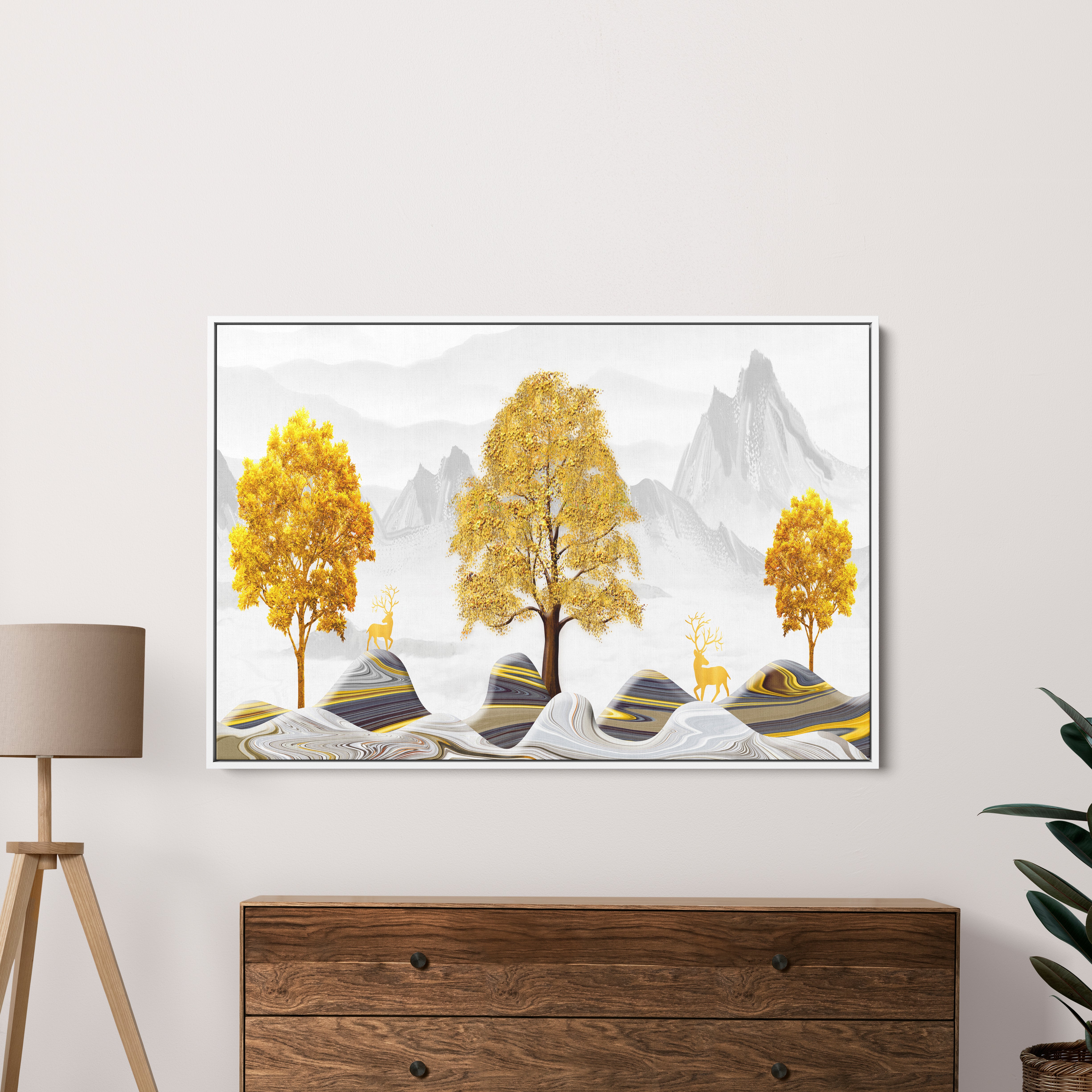 Colorful Rocks And Golden Tree With Deers Canvas Wall Painting
