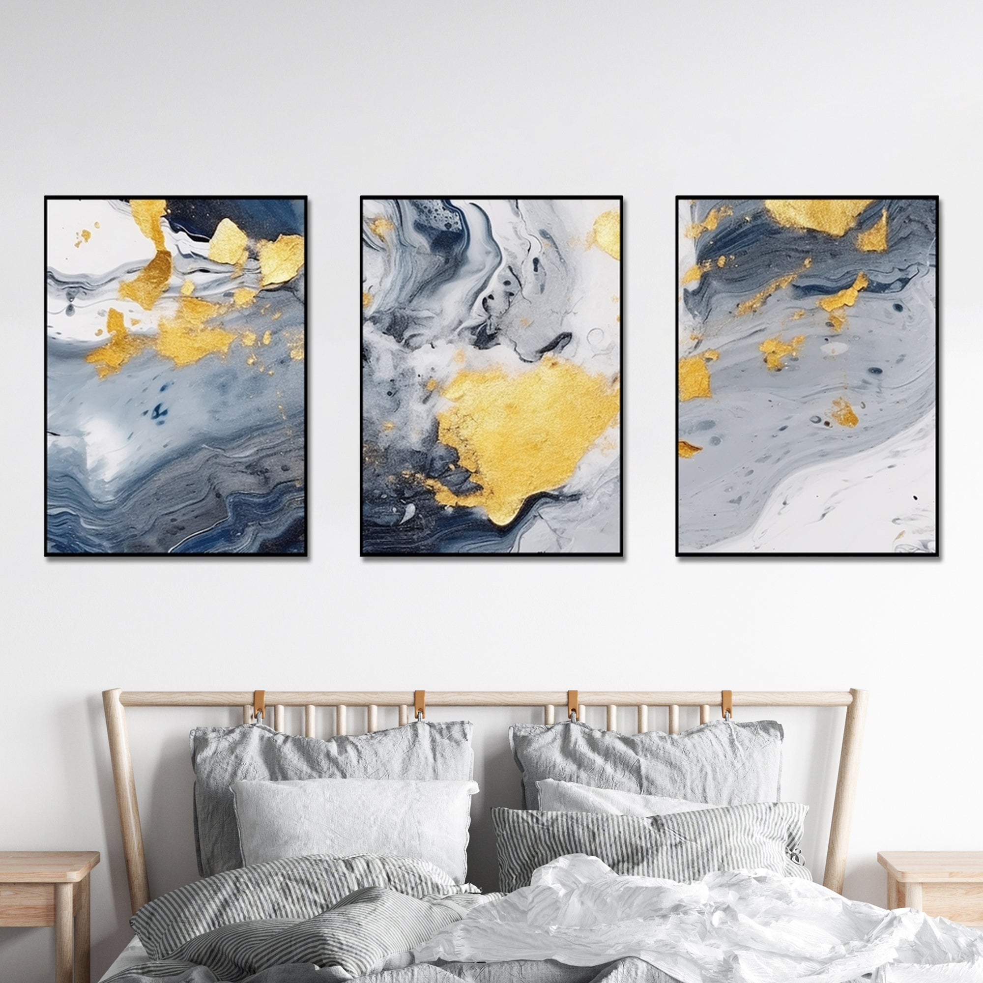 Abstract Modern Grey and Gold Marble Design Canvas Wall Printing Set of 3