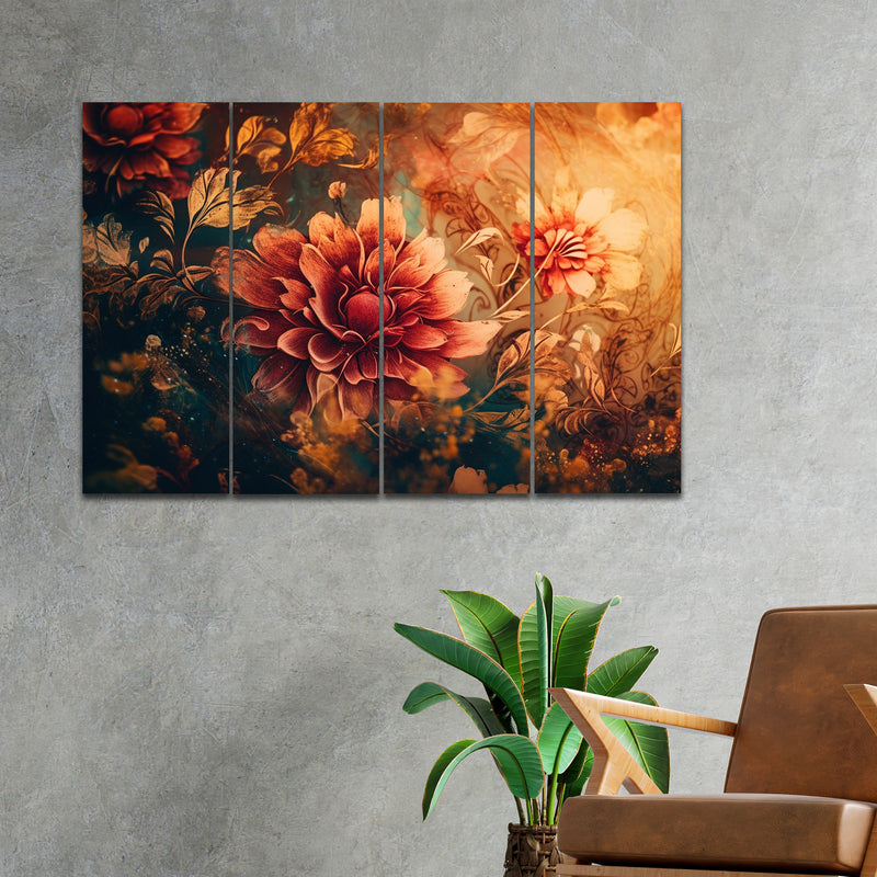 Abstract Art Floral In 4 Panel Painting