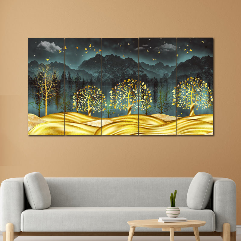 Golden Trees in Dark Forest In 5 Panel Painting