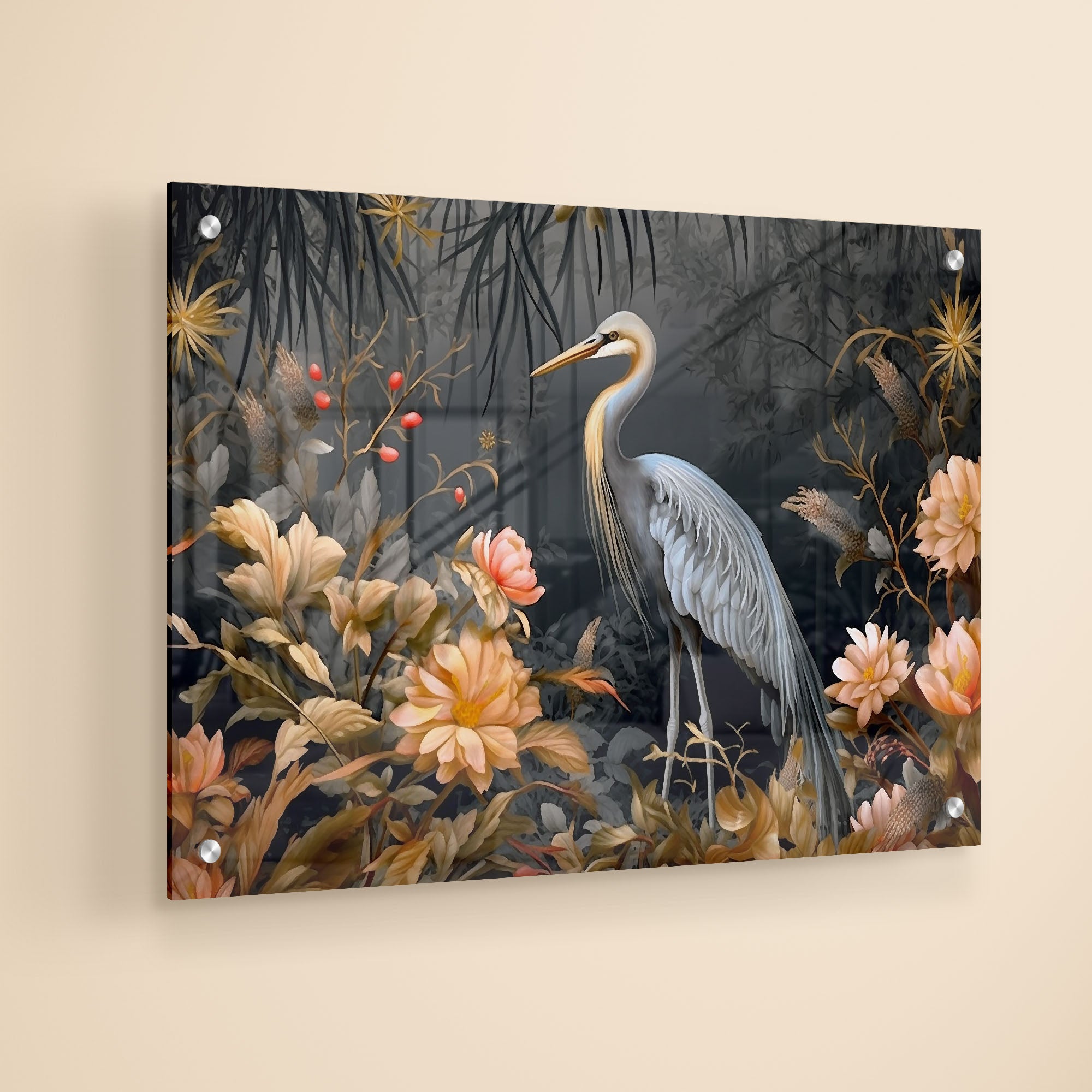 Flowers And Flamingo Acrylic Wall Painting