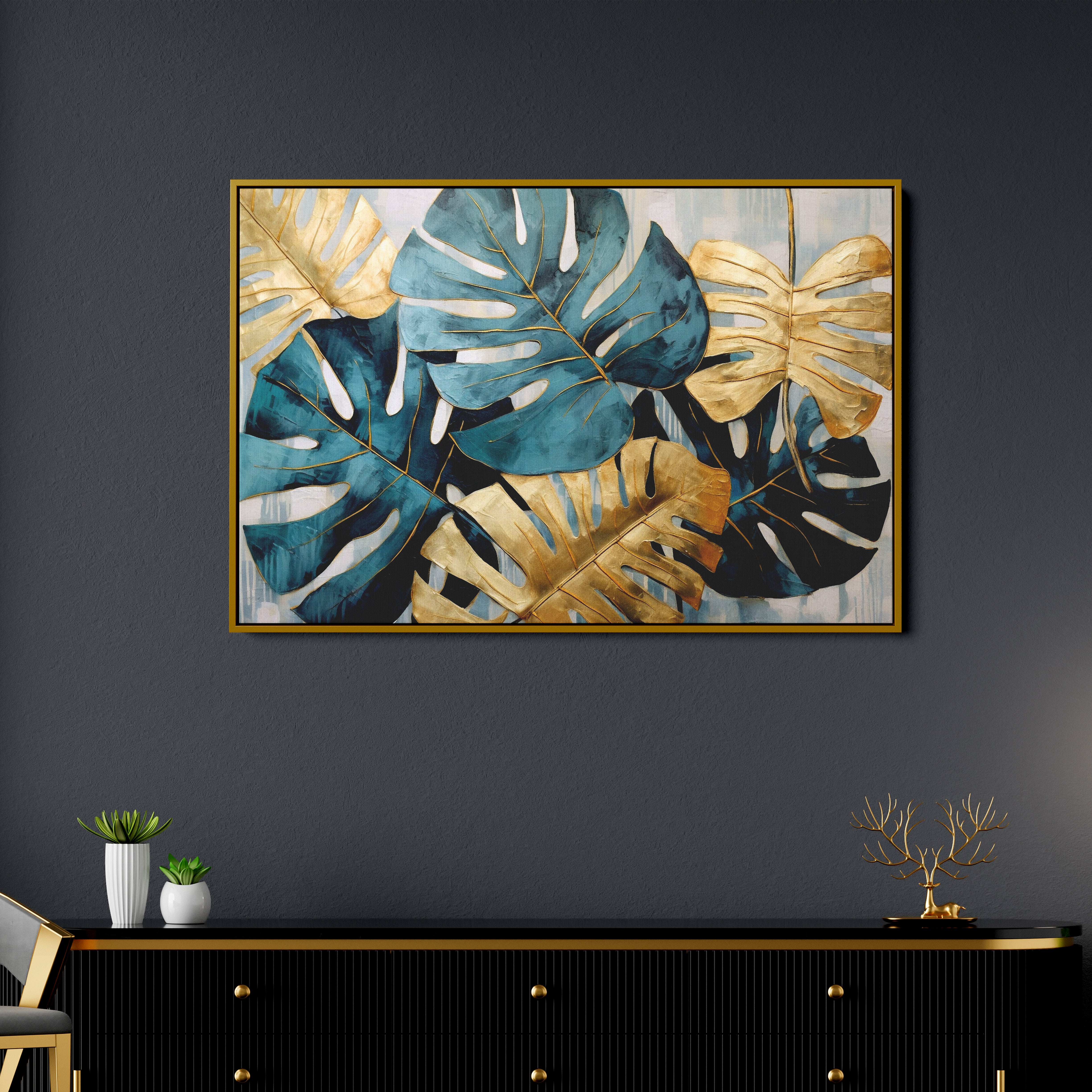 Golden And Green Flower Canvas Wall Painting