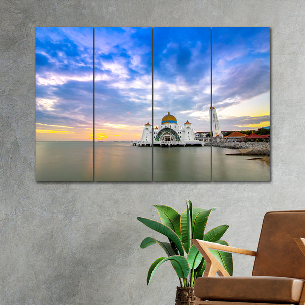 Floating Public Mosque In 4 Panel Painting