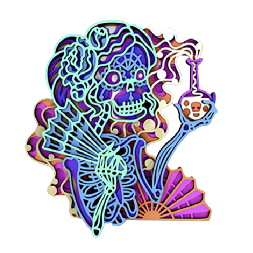 3D Skeleton Lady with smoke Mandala Art