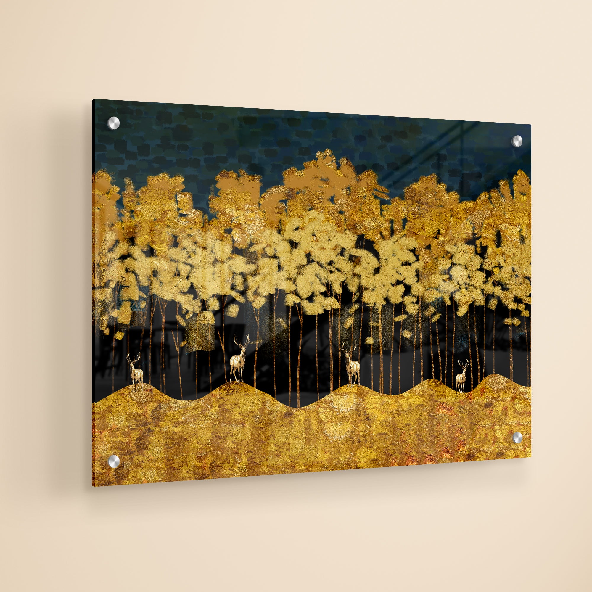 Golden Forest and Deer Premium Acrylic Wall Painting