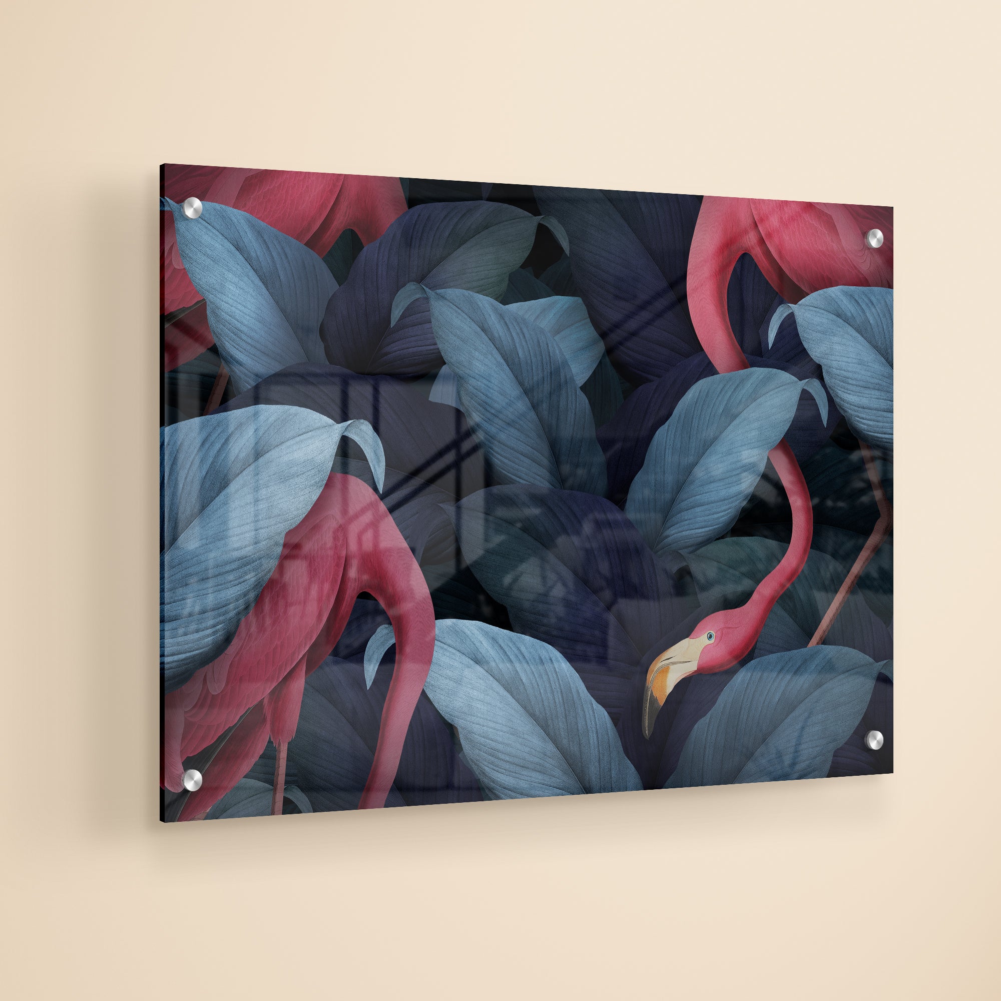 Flamingo With Navy Blue Leaves Acrylic Painting