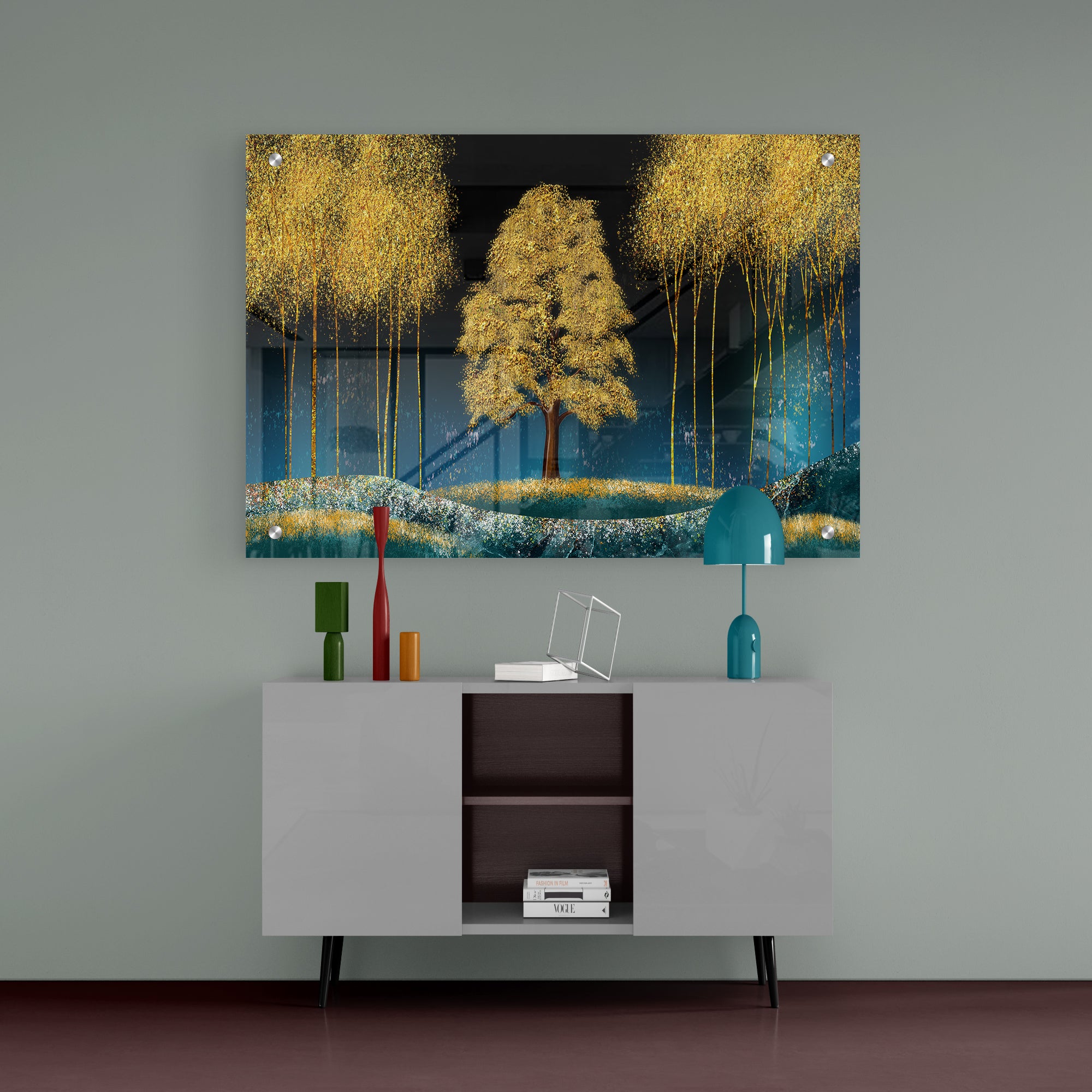Beautiful Blue Sky and Golden Tree Acrylic Wall Painting