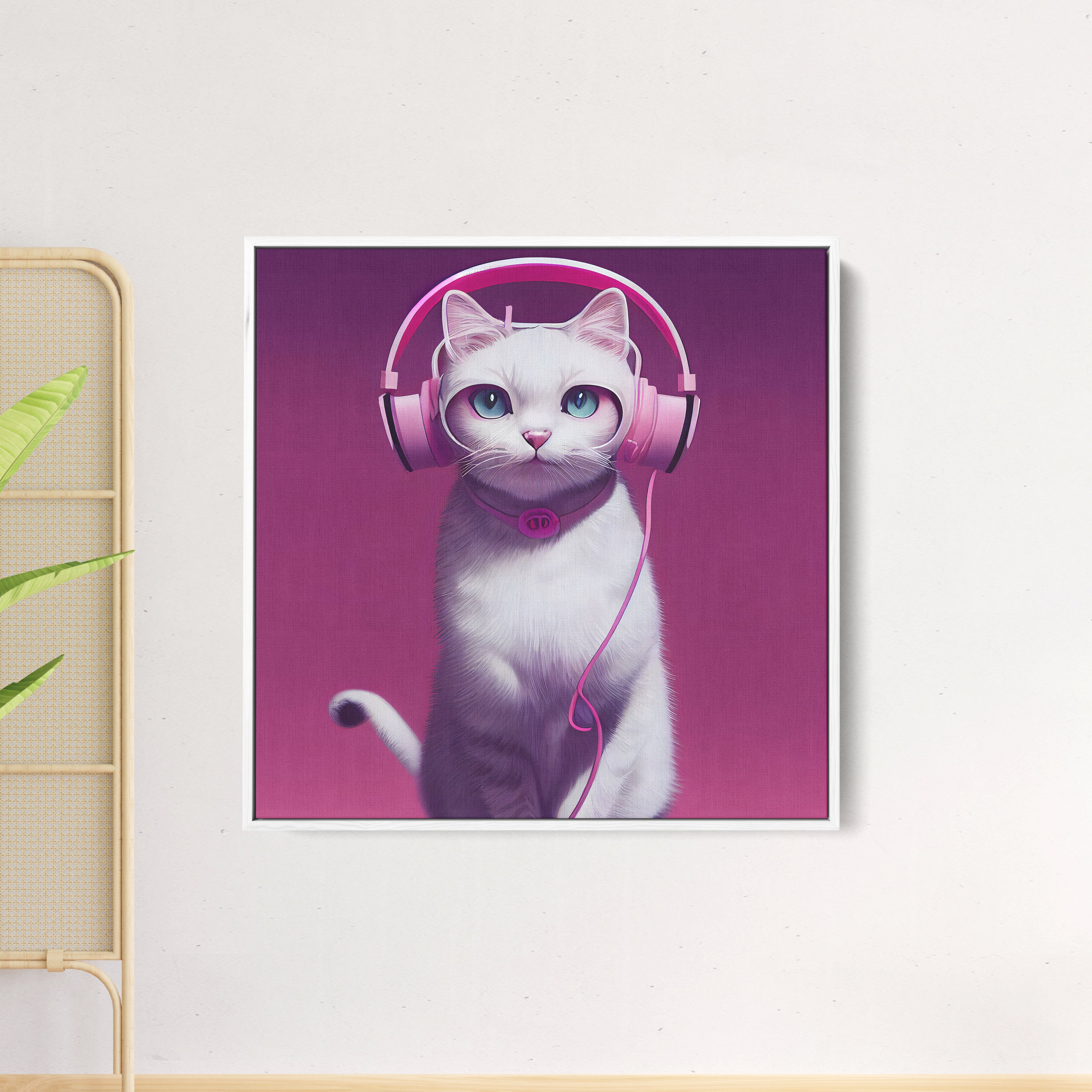 Cute White Cat Wearing Headphone Canvas Wall Painting