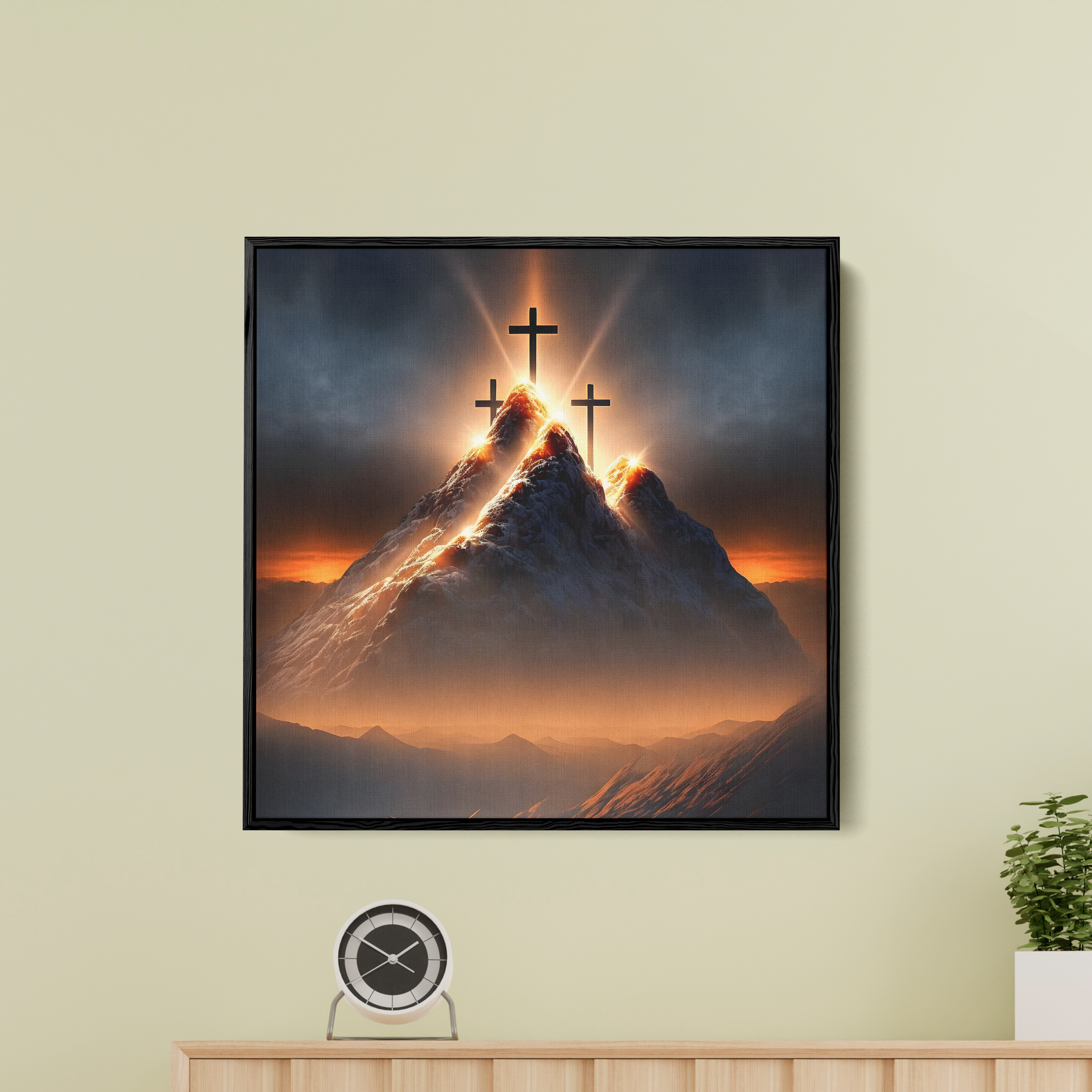 Mountain With Three Jesus Cross Canvas Wall Painting
