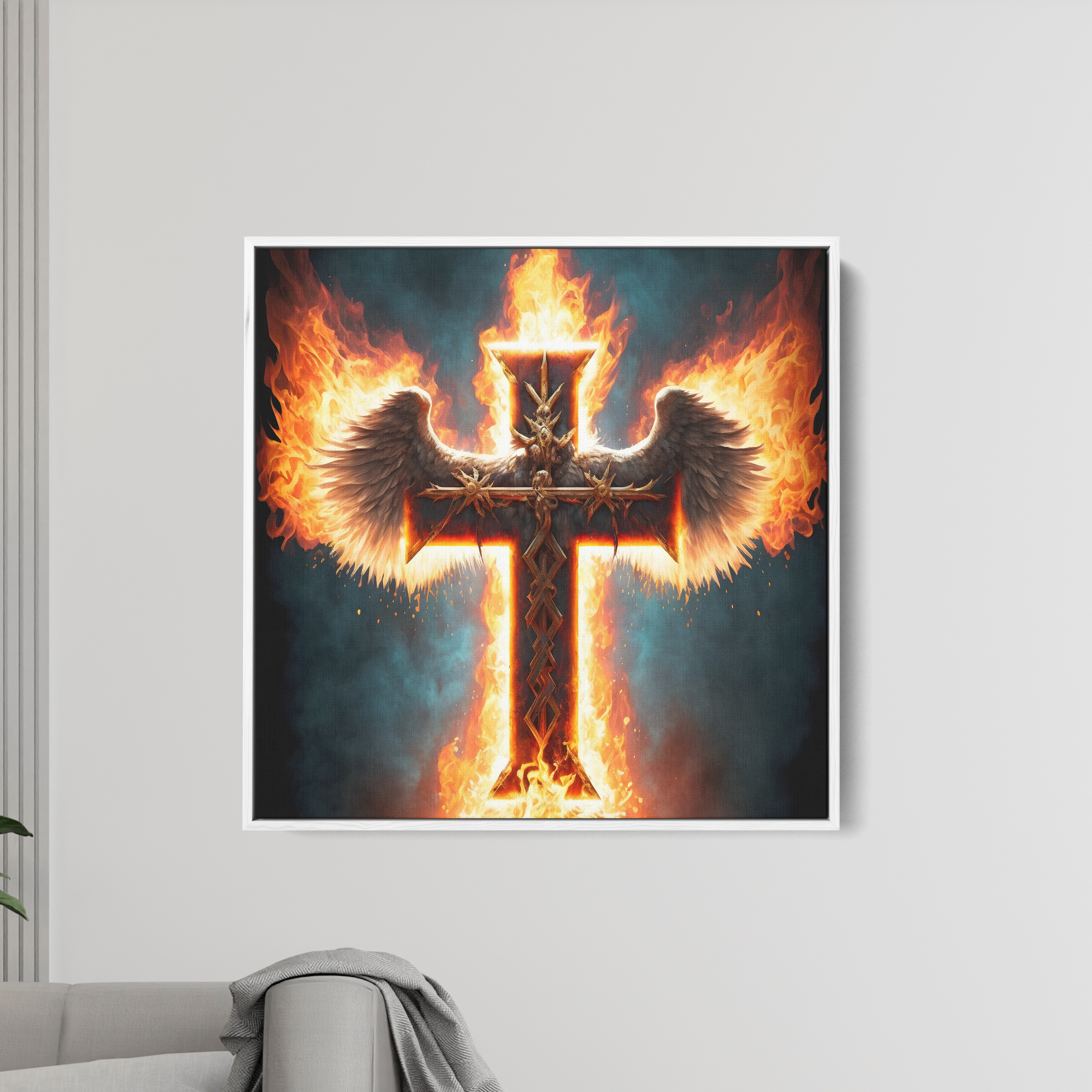 Jesus Cross With Fire Wings Canvas Wall Painting