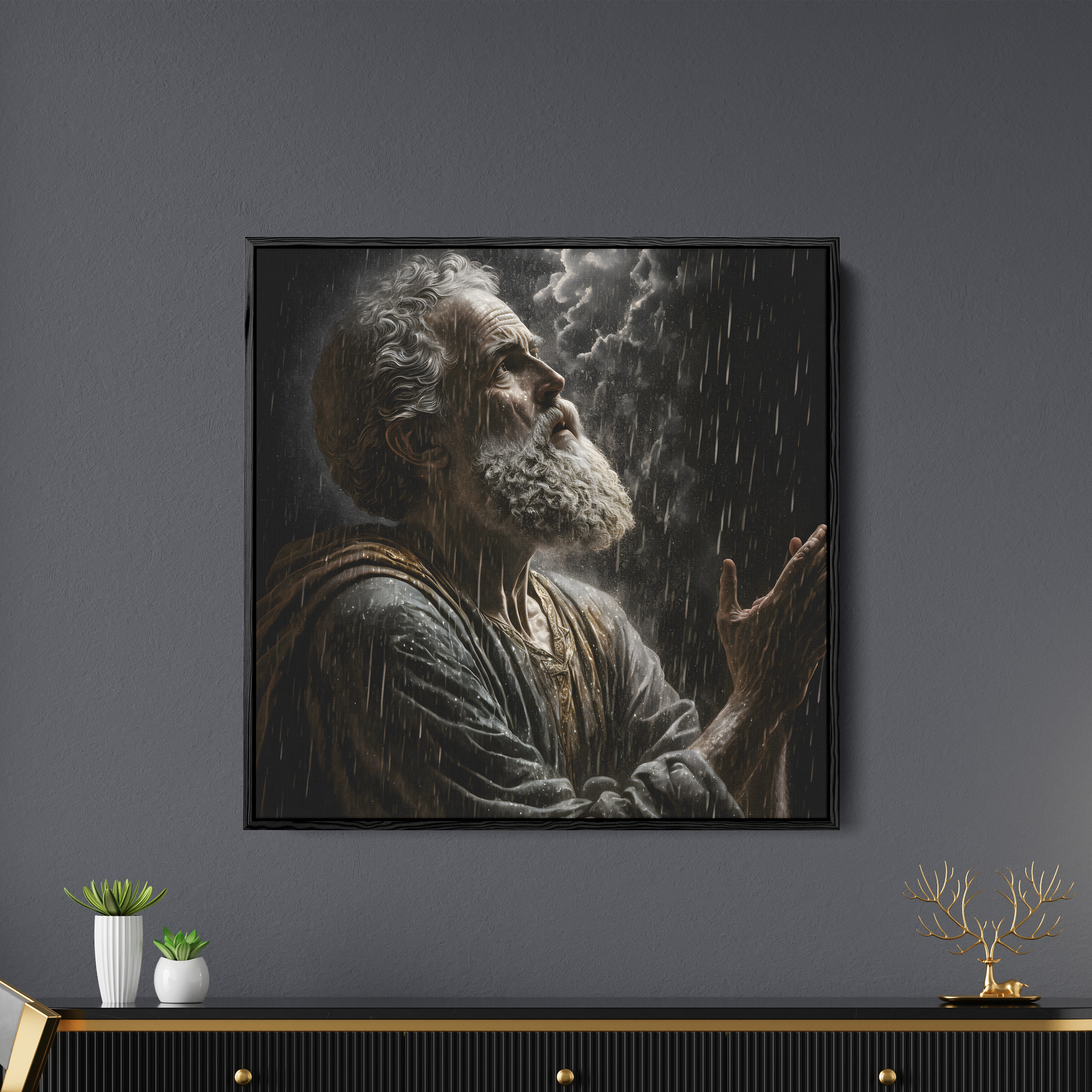 A Old Men Prayer to God In Raining Canvas Wall Painting