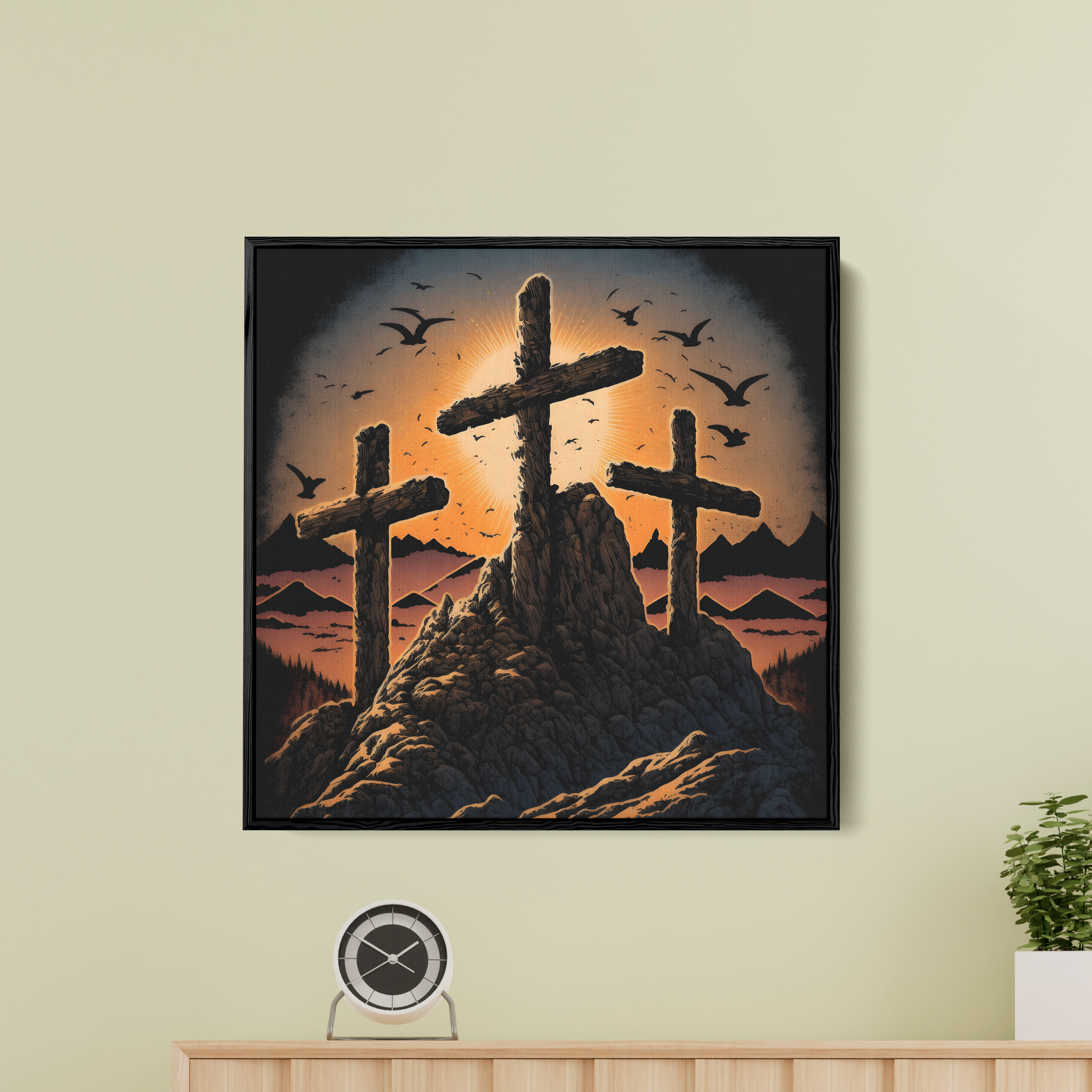 Sunset And Jesus Cross Canvas Wall Painting