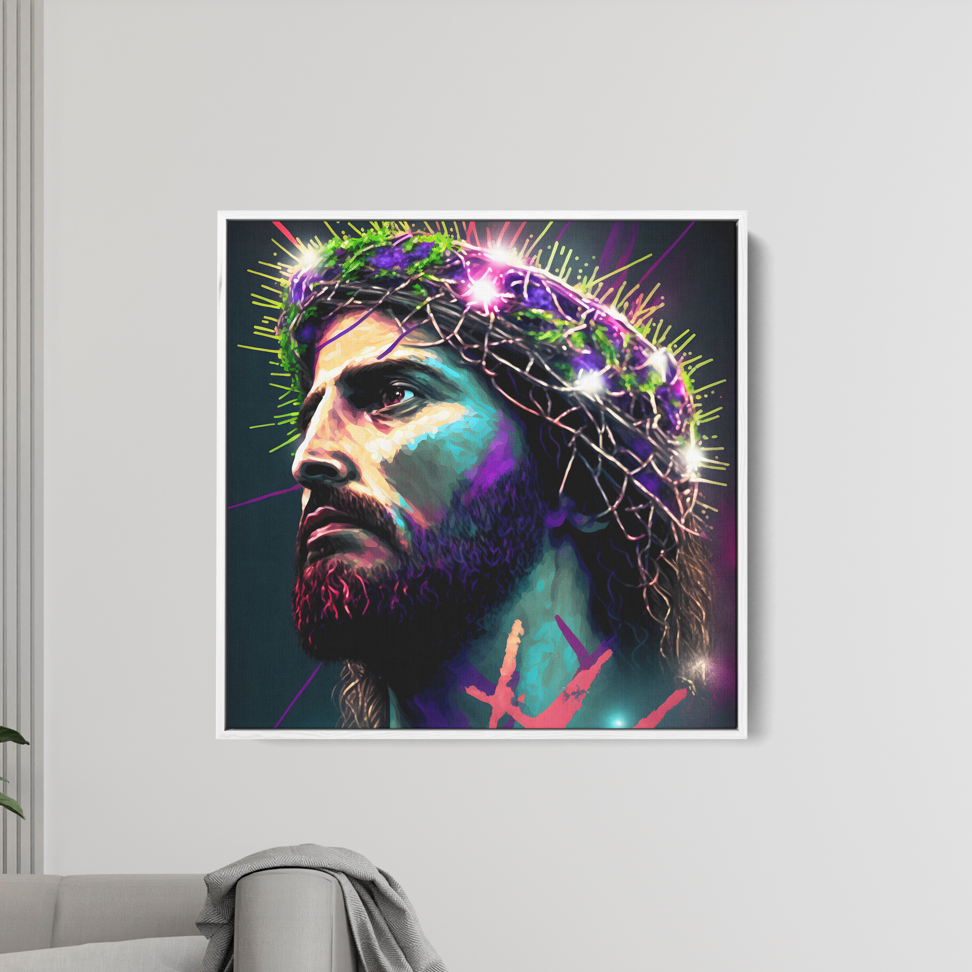 Colorful Jesus Face With Lighting Crown On Head Canvas Wall Painting
