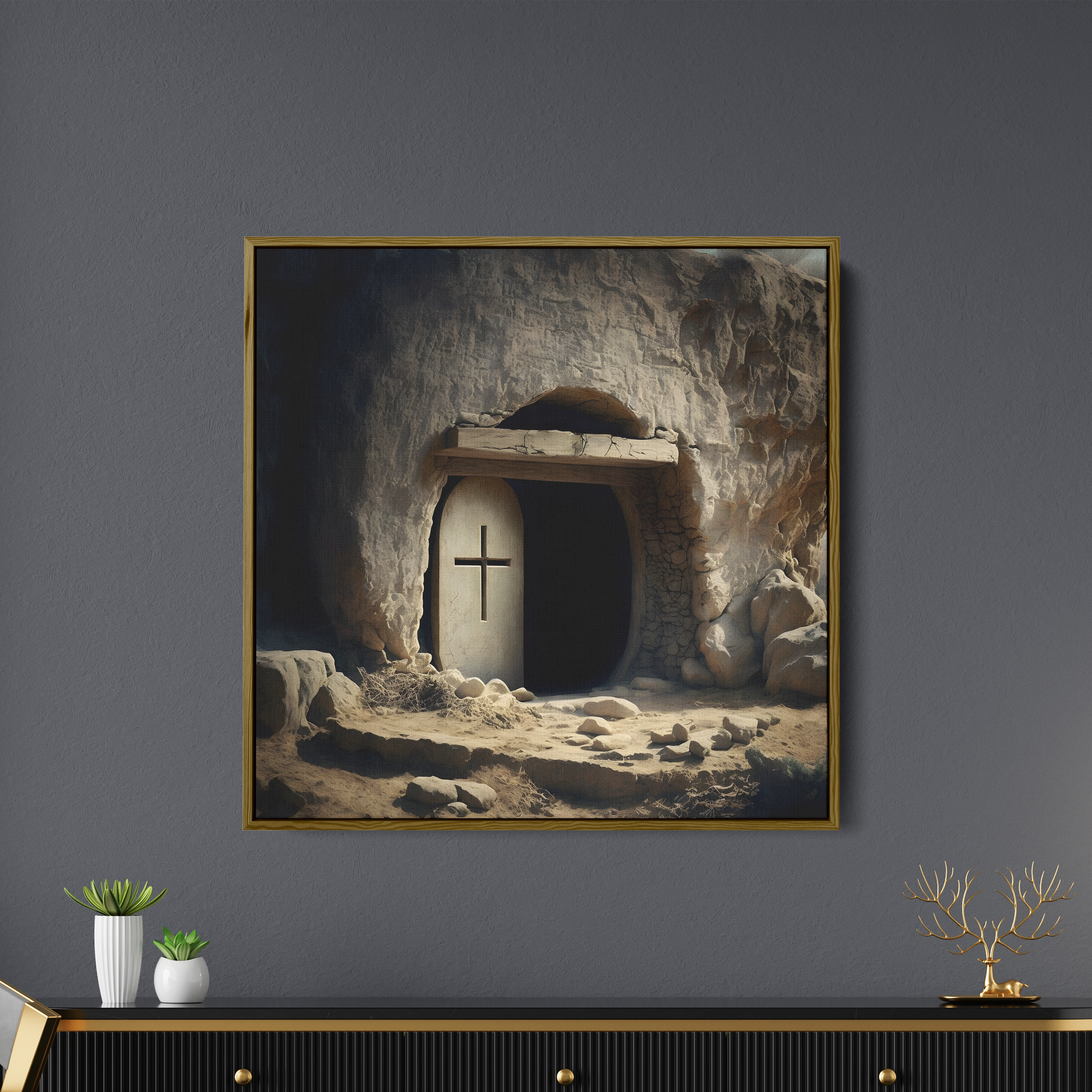 Rock Jesus Cross In Cave Canvas Wall Painting