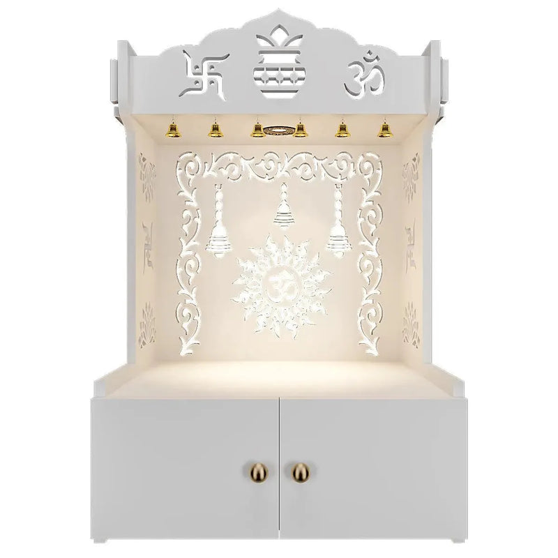 Premium Wall Temple with Inbuilt Focus Light & Spacious Wooden Shelf- White