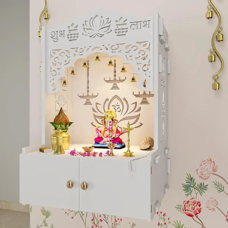 Lotus White Finish Wooden Wall Temple for Home With Inbuilt focus Lights & Spacious Shelf