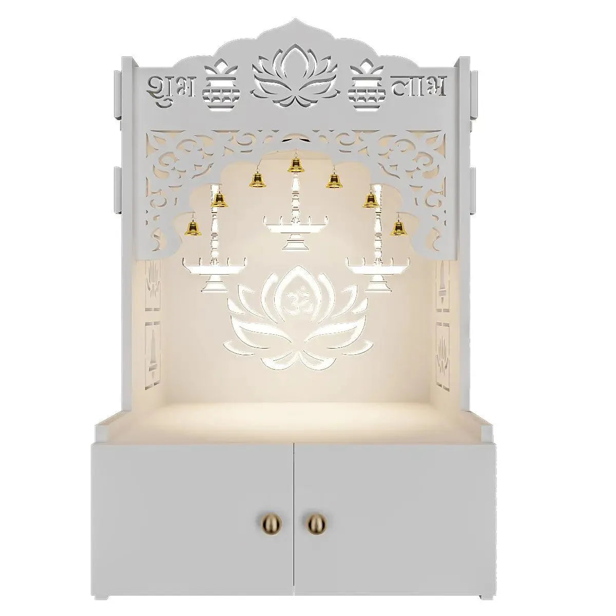 Lotus White Finish Wooden Wall Temple for Home With Inbuilt focus Lights & Spacious Shelf