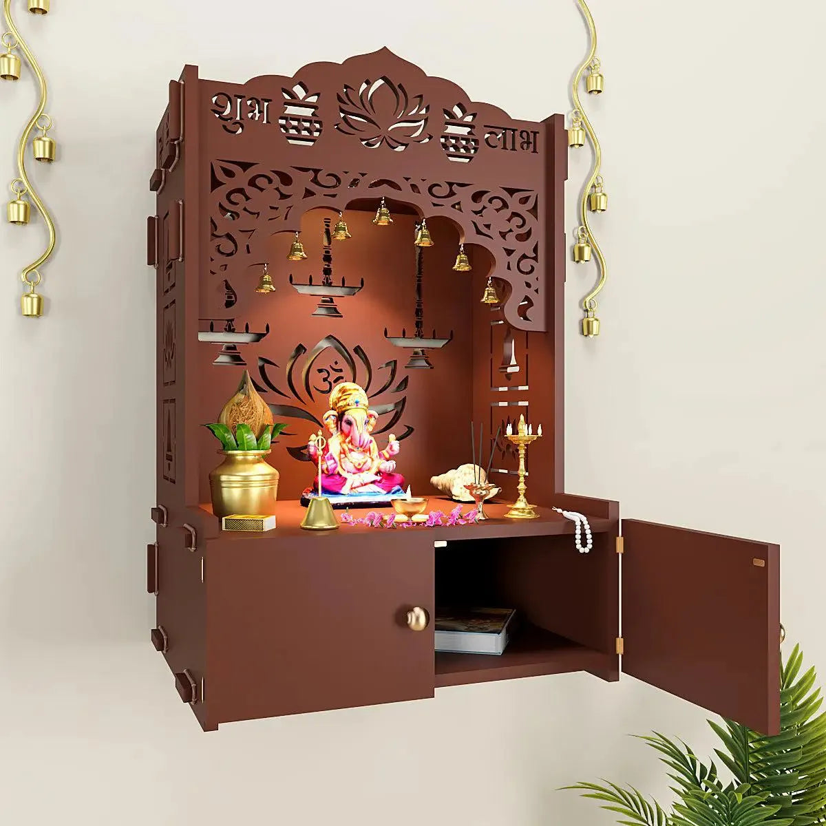 Lotus Brown Wooden Wall Temple for Home With Inbuilt focus Lights & Spacious Shelf