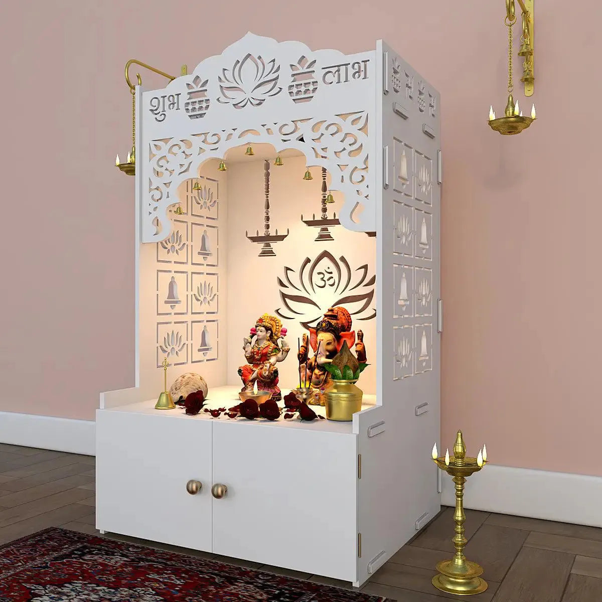 Lotus Pattern MDF Wood Temple with Spacious Shelf & Inbuilt Focus Light- White