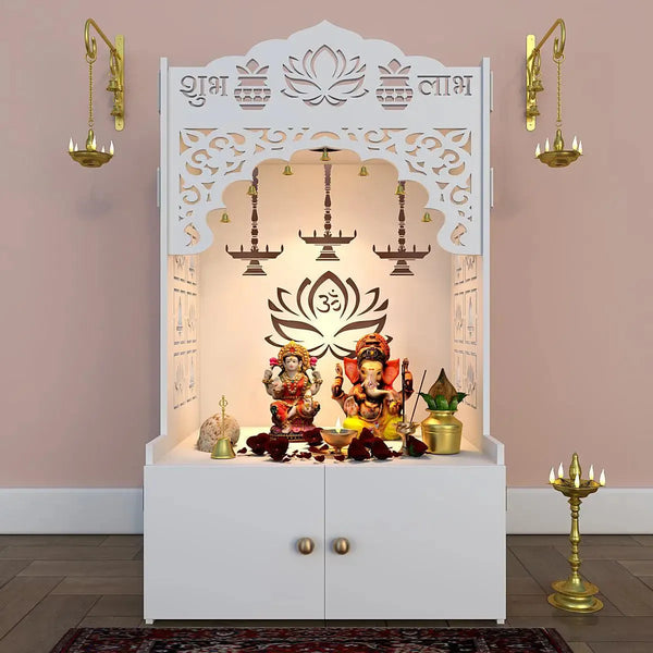 Lotus Pattern MDF Wood Temple with Spacious Shelf & Inbuilt Focus Light- White