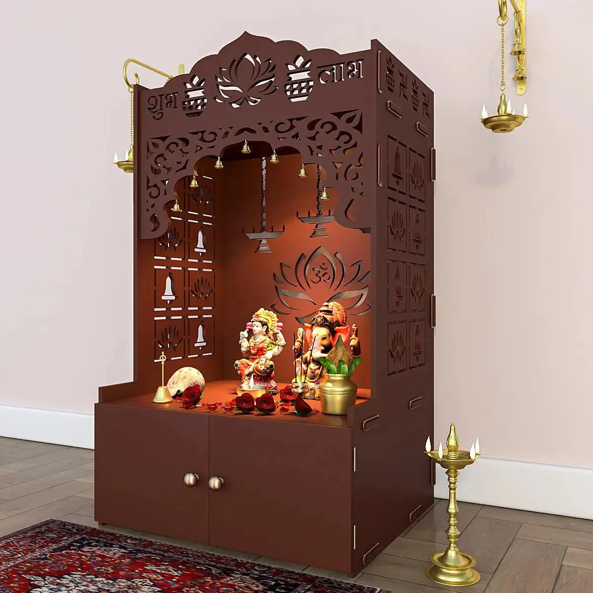 Lotus Pattern MDF Wood Temple with Spacious Shelf & Inbuilt Focus Light- Brown
