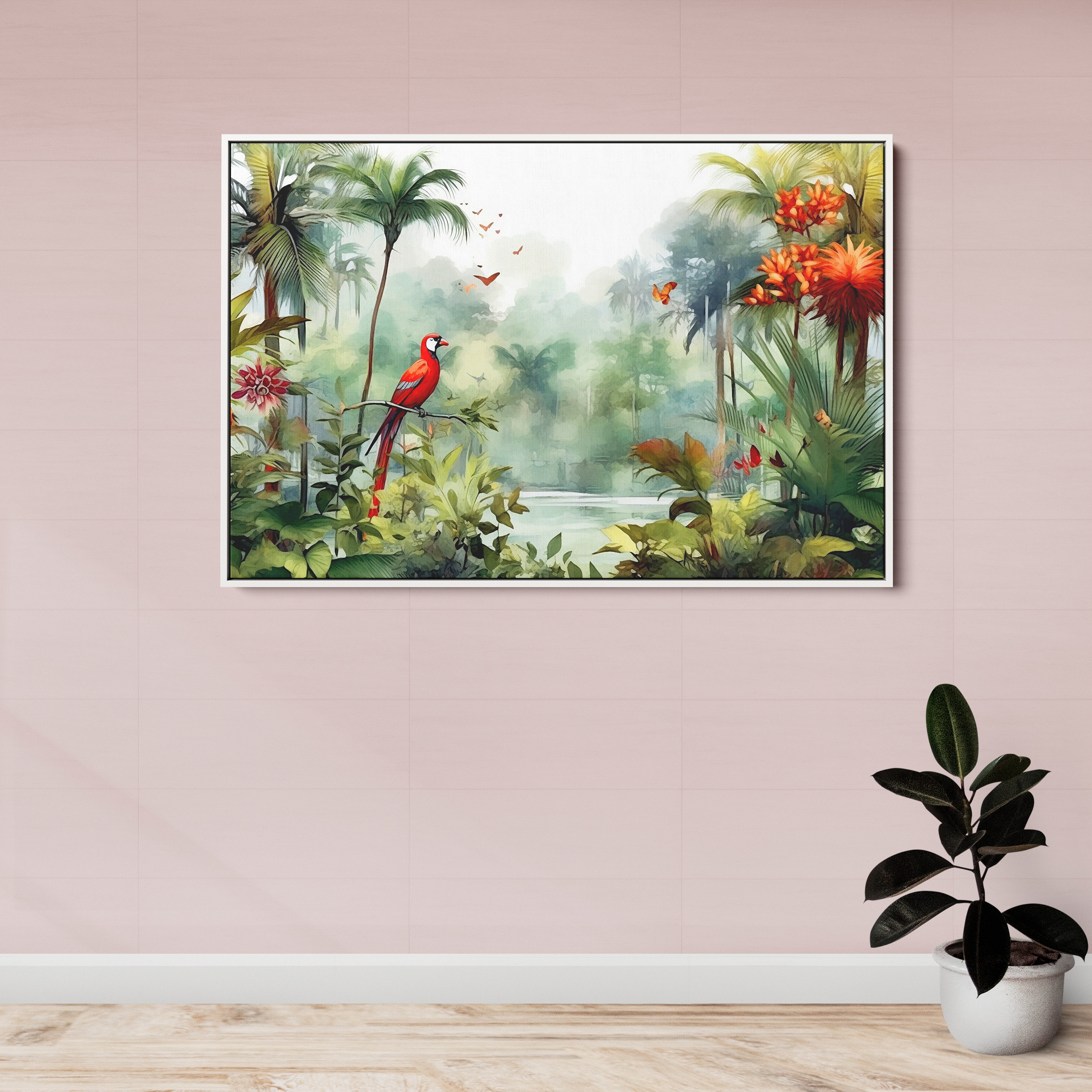 Red Birds and Jungle View Abstract Art Canvas Wall Painting